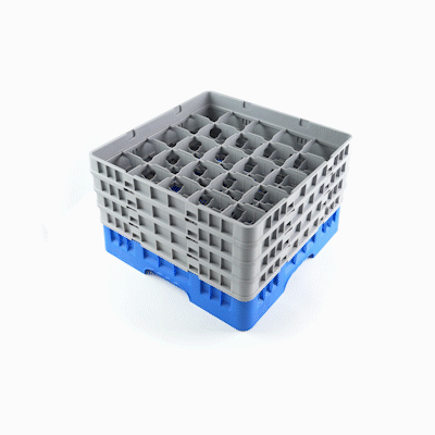 Clean Tek Professional Blue Glass Rack - 25 Compartments, 1 Full Drop and 3 Half Drop Extenders - 19 3/4" x 19 3/4" x 10 1/2" - 1 count box