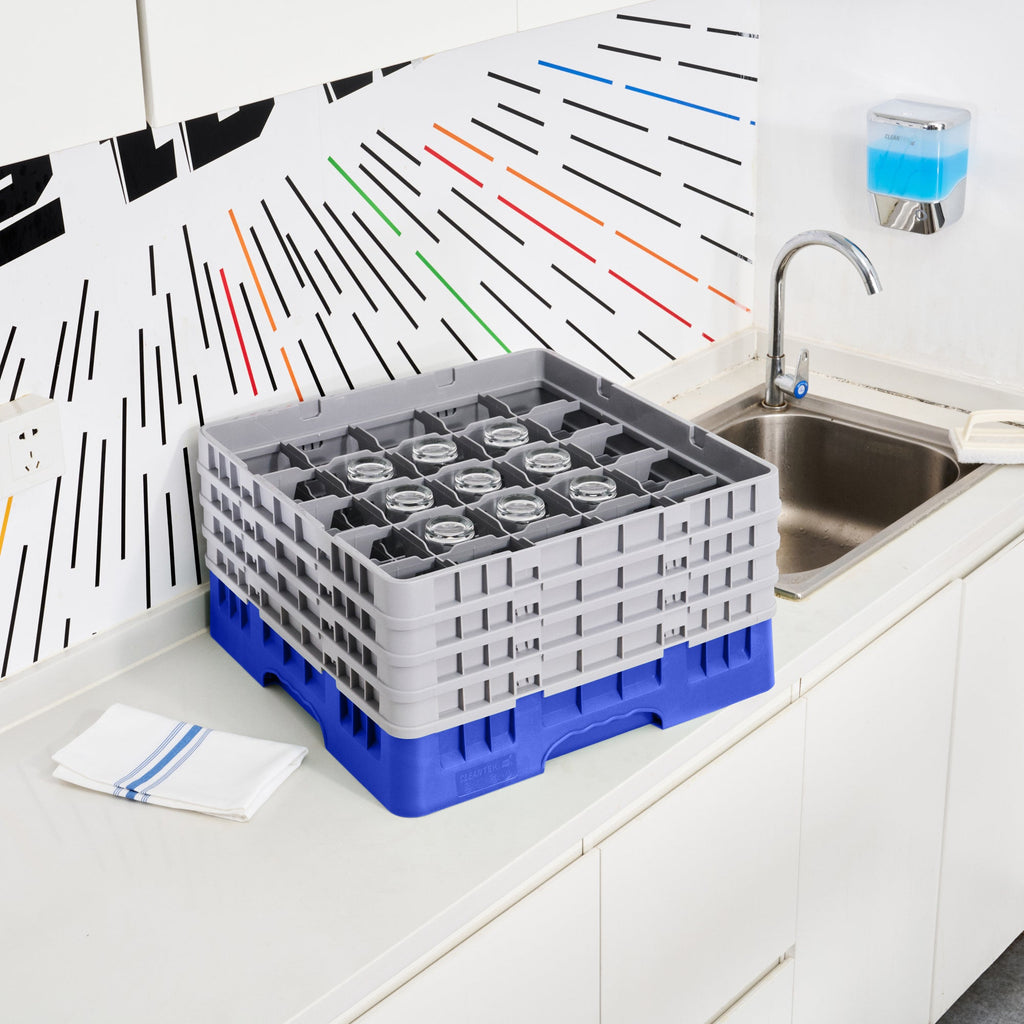 Clean Tek Professional Blue Glass Rack - 25 Compartments, 1 Full Drop and 3 Half Drop Extenders - 19 3/4" x 19 3/4" x 10 1/2" - 1 count box