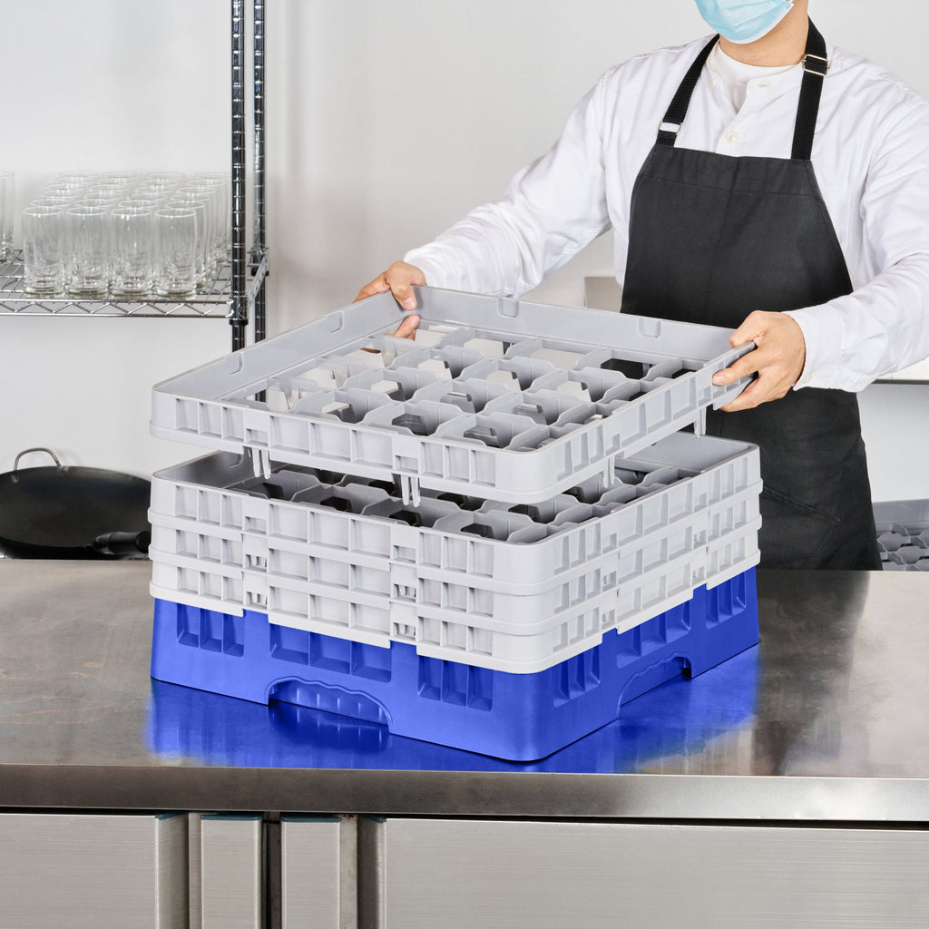 Clean Tek Professional Blue Glass Rack - 25 Compartments, 1 Full Drop and 3 Half Drop Extenders - 19 3/4" x 19 3/4" x 10 1/2" - 1 count box