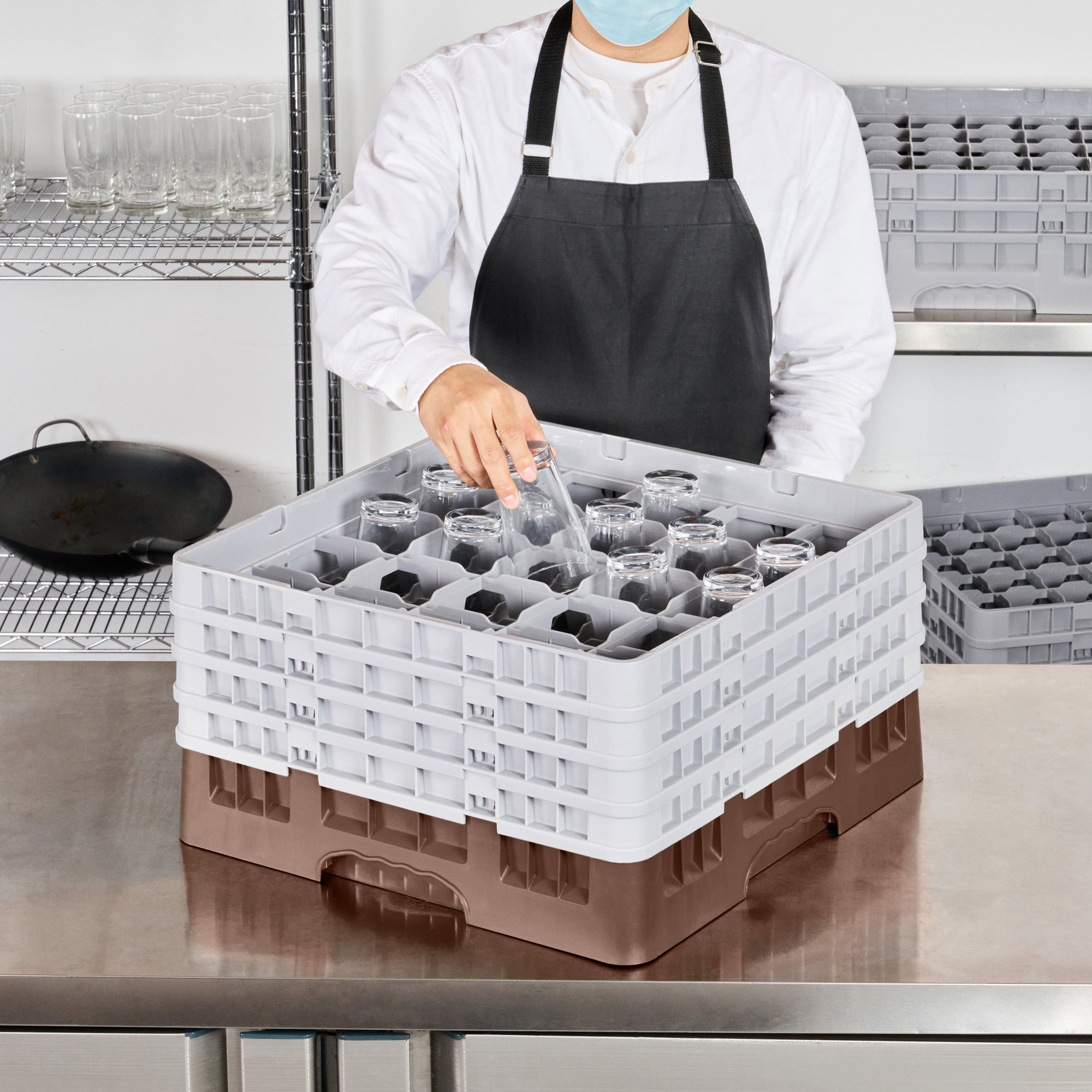 Clean Tek Professional Brown Glass Rack - 25 Compartments, 1 Full Drop and 3 Half Drop Extenders - 19 3/4" x 19 3/4" x 10 1/2" - 1 count box