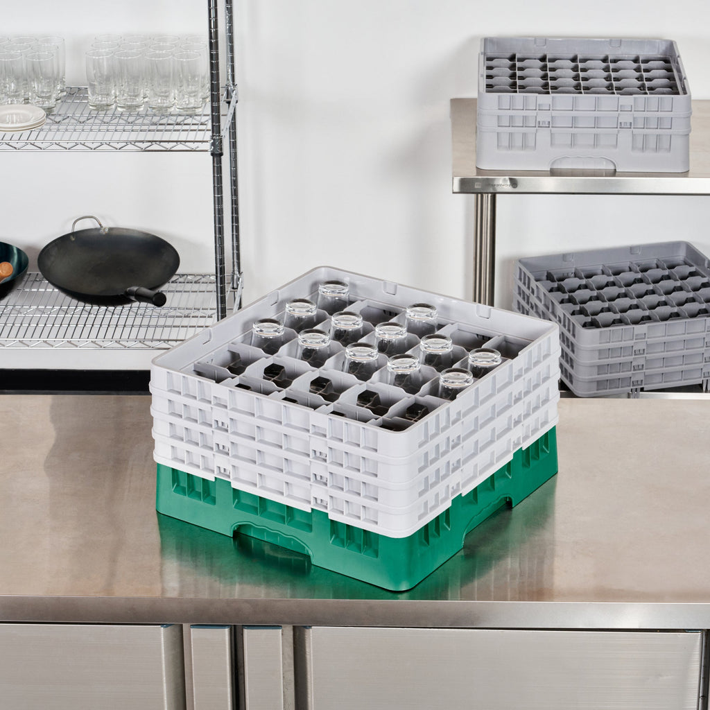 Clean Tek Professional Green Glass Rack - 25 Compartments, 1 Full Drop and 3 Half Drop Extenders - 19 3/4" x 19 3/4" x 10 1/2" - 1 count box