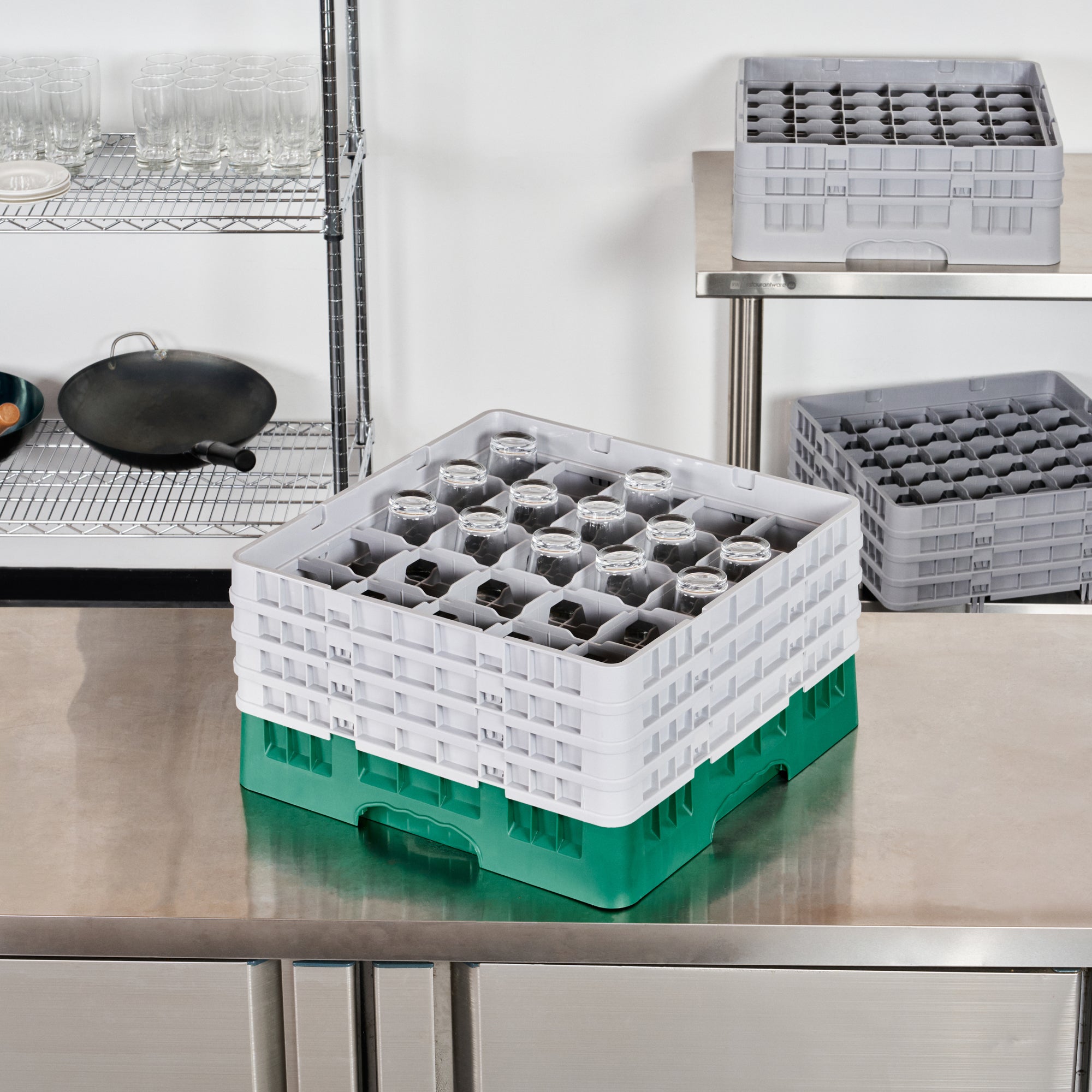 Clean Tek Professional Green Glass Rack - 25 Compartments, 1 Full Drop and 3 Half Drop Extenders - 19 3/4" x 19 3/4" x 10 1/2" - 1 count box
