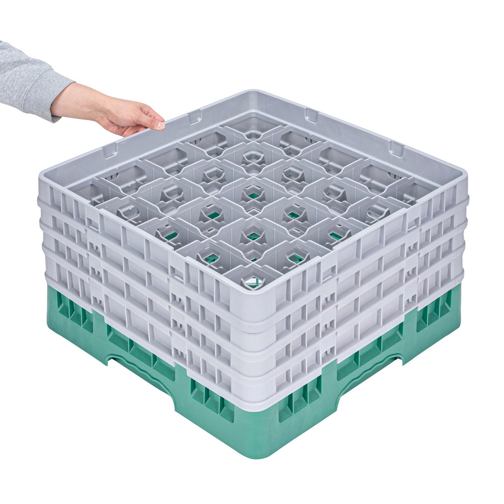 Clean Tek Professional Green Glass Rack - 25 Compartments, 1 Full Drop and 3 Half Drop Extenders - 19 3/4" x 19 3/4" x 10 1/2" - 1 count box