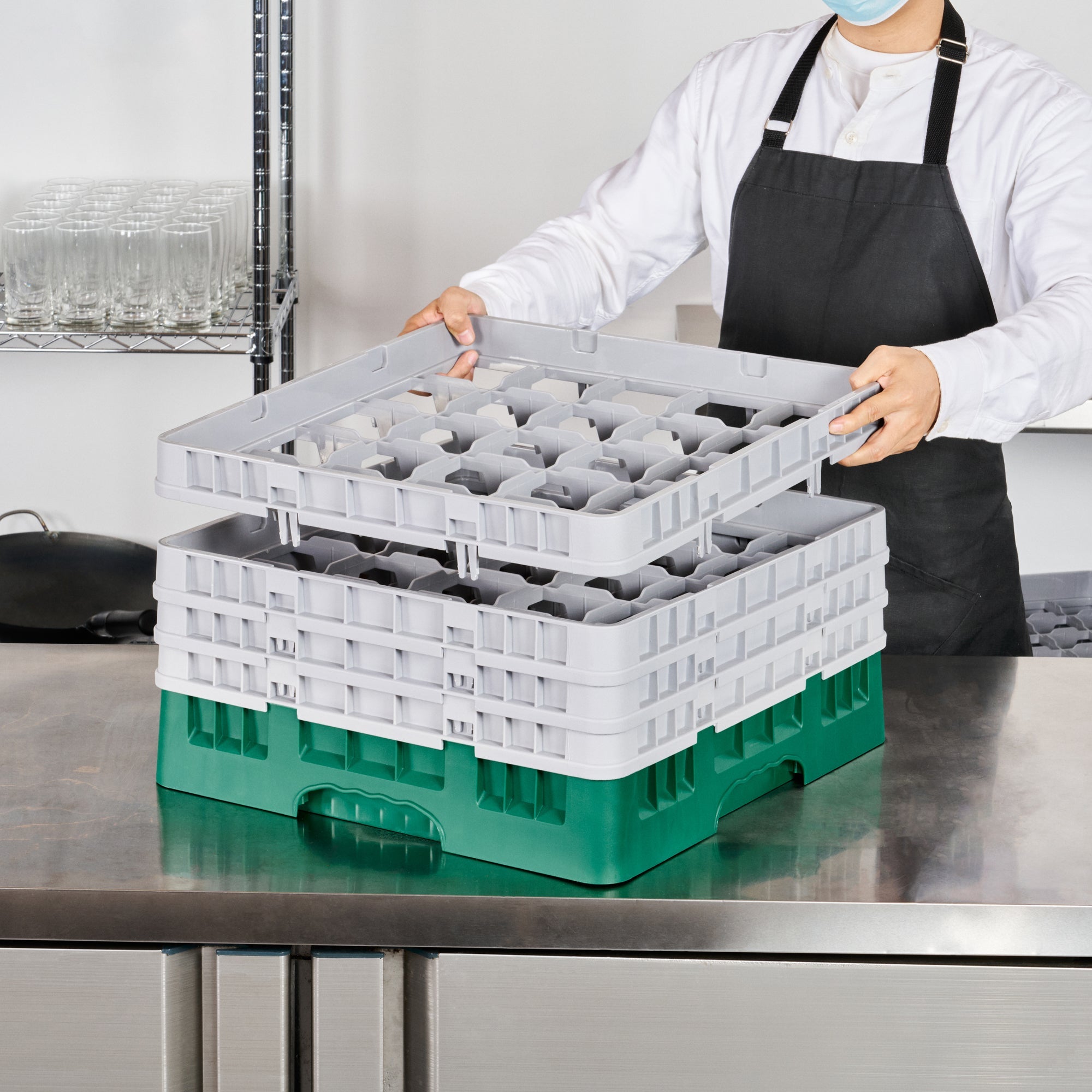 Clean Tek Professional Green Glass Rack - 25 Compartments, 1 Full Drop and 3 Half Drop Extenders - 19 3/4" x 19 3/4" x 10 1/2" - 1 count box