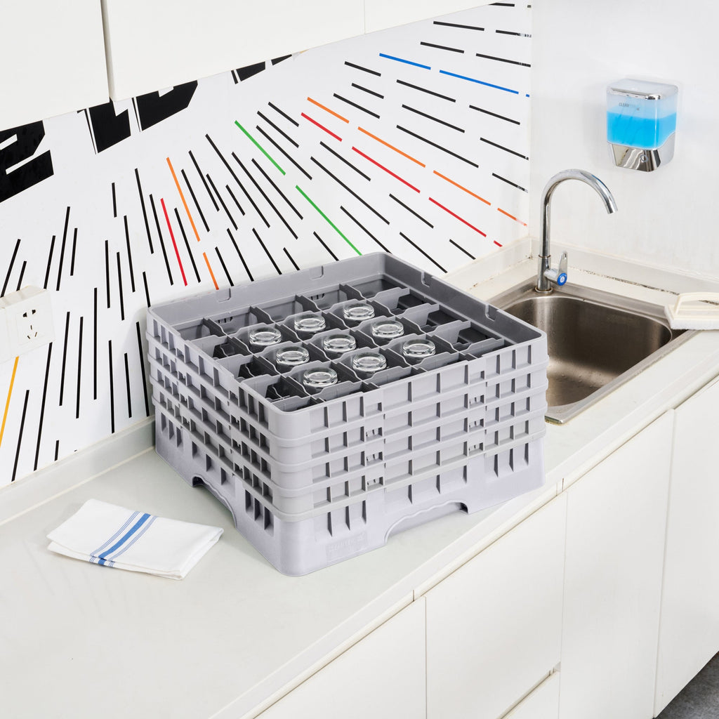 Clean Tek Professional Gray Glass Rack - 25 Compartments, 1 Full Drop and 3 Half Drop Extenders - 19 3/4" x 19 3/4" x 10 1/2" - 1 count box
