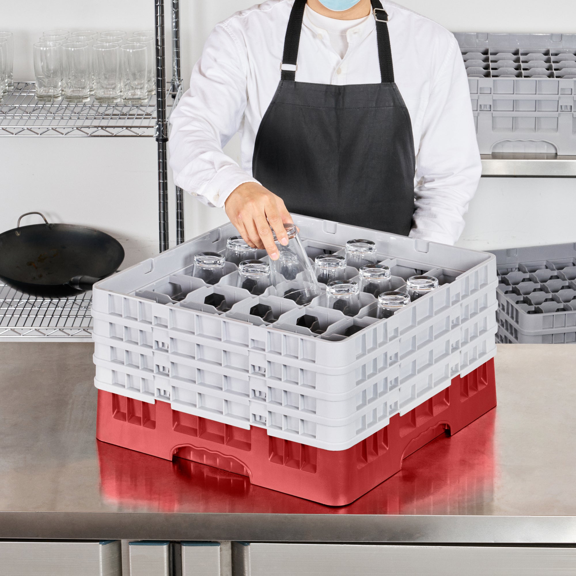 Clean Tek Professional Red Glass Rack - 25 Compartments, 1 Full Drop and 3 Half Drop Extenders - 19 3/4" x 19 3/4" x 10 1/2" - 1 count box