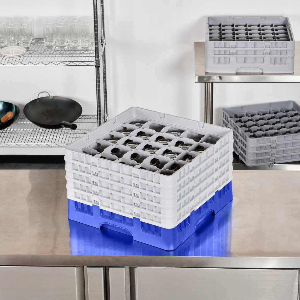 Clean Tek Professional Blue Glass Rack - 25 Compartments, 1 Full Drop and 4 Half Drop Extenders - 19 3/4" x 19 3/4" x 12 1/4" - 1 count box