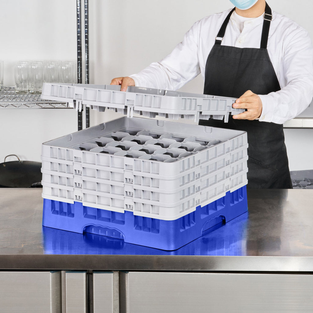 Clean Tek Professional Blue Glass Rack - 25 Compartments, 1 Full Drop and 4 Half Drop Extenders - 19 3/4" x 19 3/4" x 12 1/4" - 1 count box