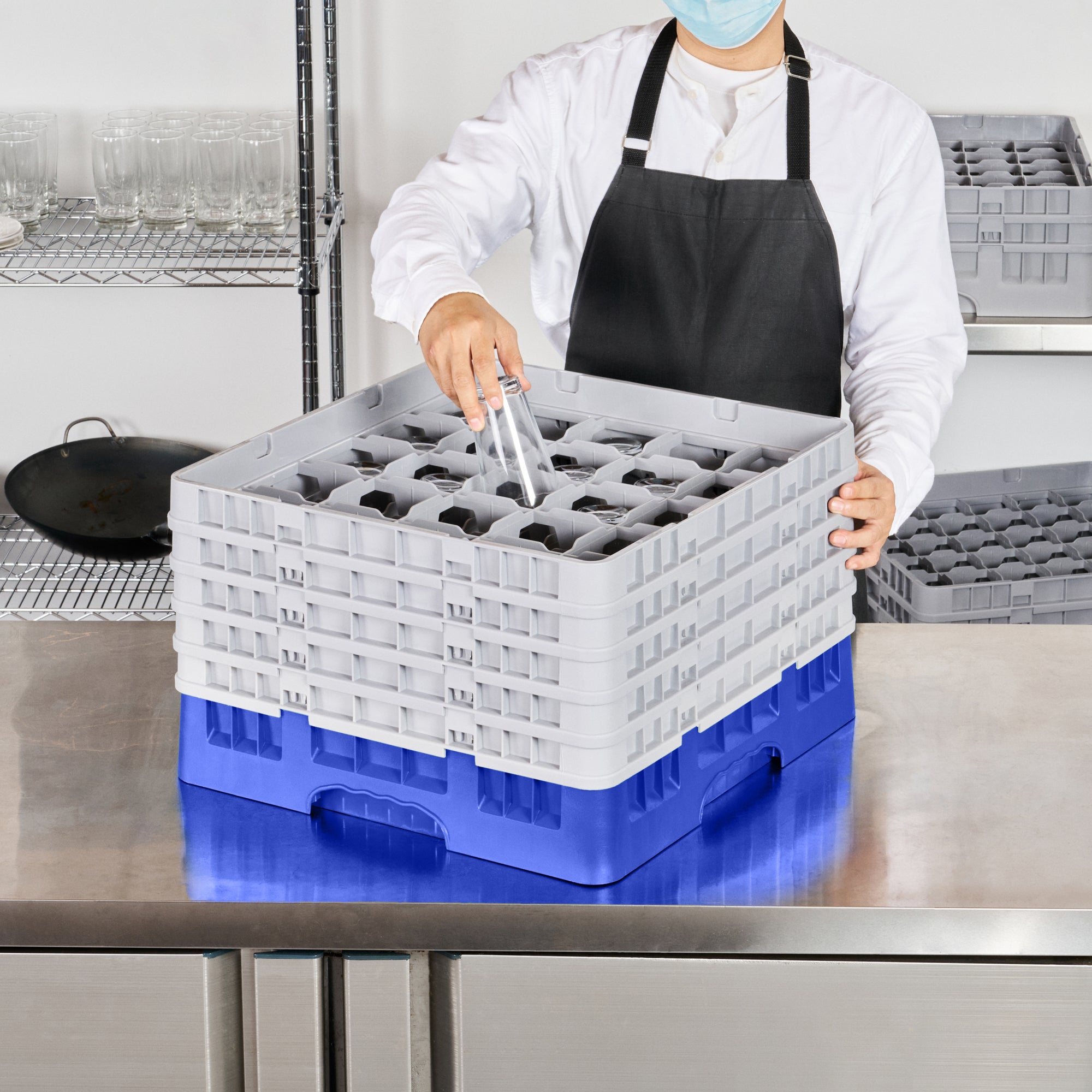 Clean Tek Professional Blue Glass Rack - 25 Compartments, 1 Full Drop and 4 Half Drop Extenders - 19 3/4" x 19 3/4" x 12 1/4" - 1 count box