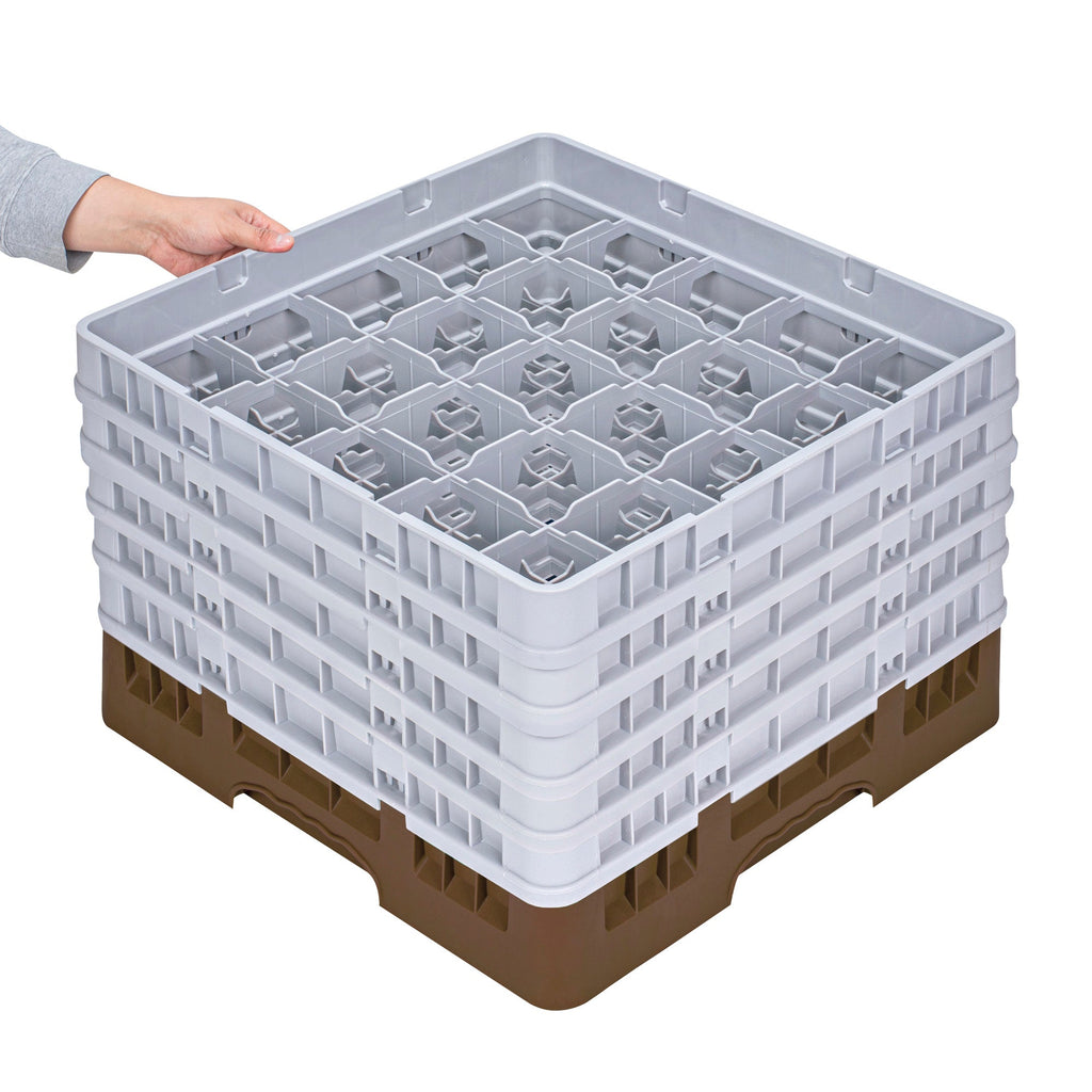 Clean Tek Professional Brown Glass Rack - 25 Compartments, 1 Full Drop and 4 Half Drop Extenders - 19 3/4" x 19 3/4" x 12 1/4" - 1 count box