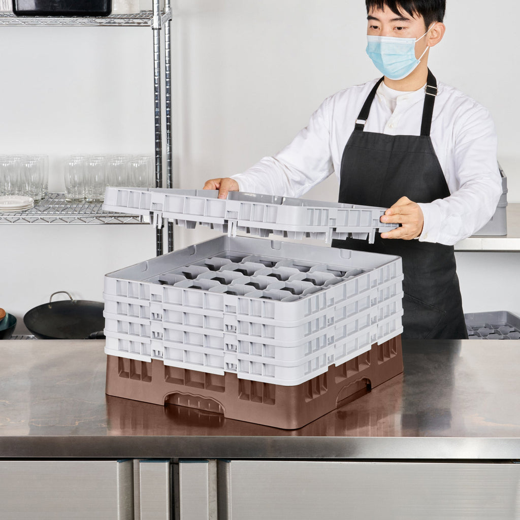 Clean Tek Professional Brown Glass Rack - 25 Compartments, 1 Full Drop and 4 Half Drop Extenders - 19 3/4" x 19 3/4" x 12 1/4" - 1 count box