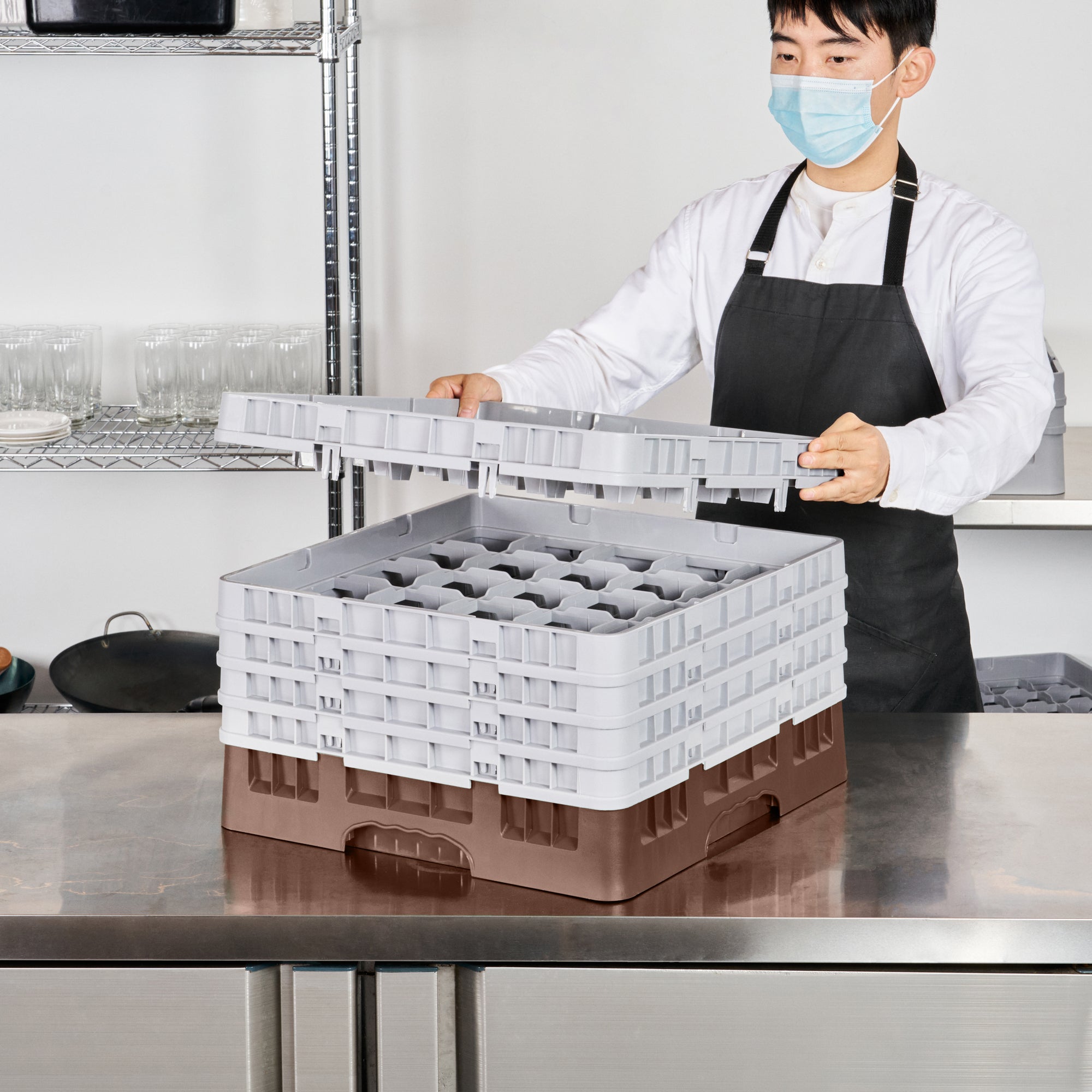 Clean Tek Professional Brown Glass Rack - 25 Compartments, 1 Full Drop and 4 Half Drop Extenders - 19 3/4" x 19 3/4" x 12 1/4" - 1 count box