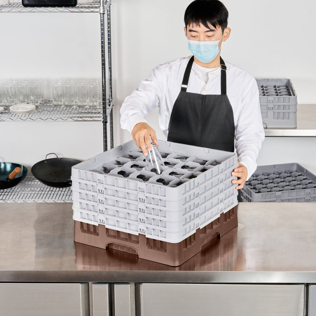 Clean Tek Professional Brown Glass Rack - 25 Compartments, 1 Full Drop and 4 Half Drop Extenders - 19 3/4" x 19 3/4" x 12 1/4" - 1 count box