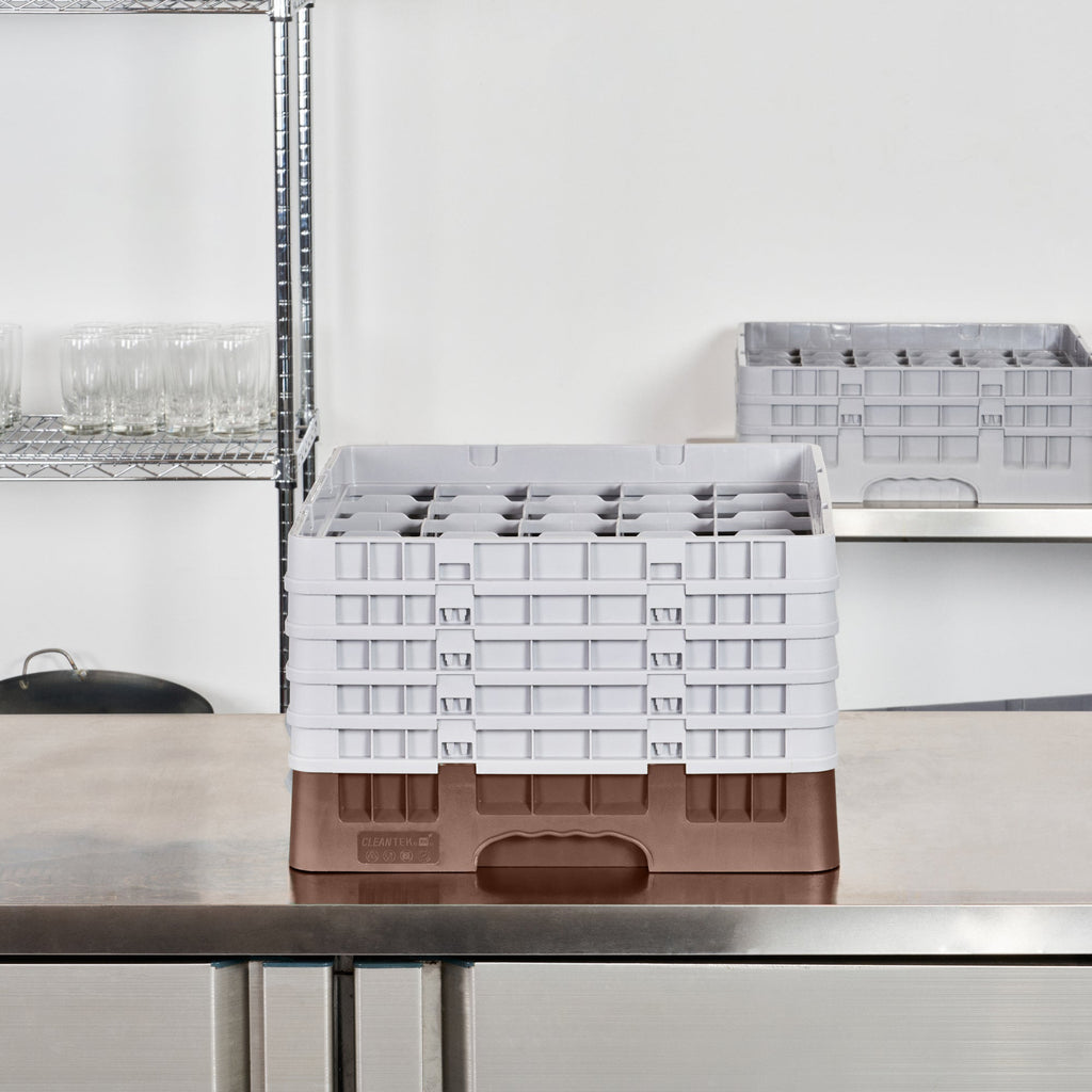 Clean Tek Professional Brown Glass Rack - 25 Compartments, 1 Full Drop and 4 Half Drop Extenders - 19 3/4" x 19 3/4" x 12 1/4" - 1 count box