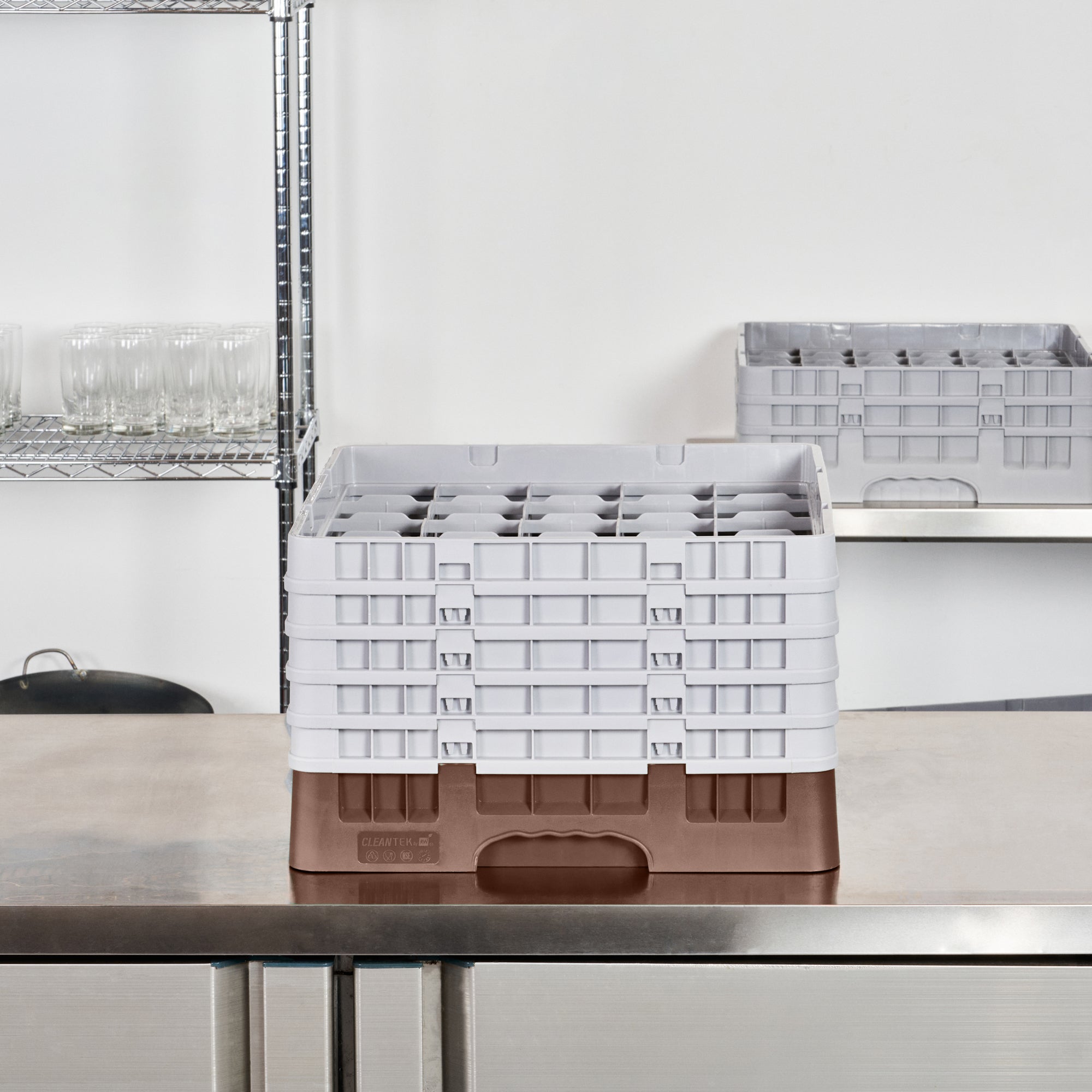 Clean Tek Professional Brown Glass Rack - 25 Compartments, 1 Full Drop and 4 Half Drop Extenders - 19 3/4" x 19 3/4" x 12 1/4" - 1 count box