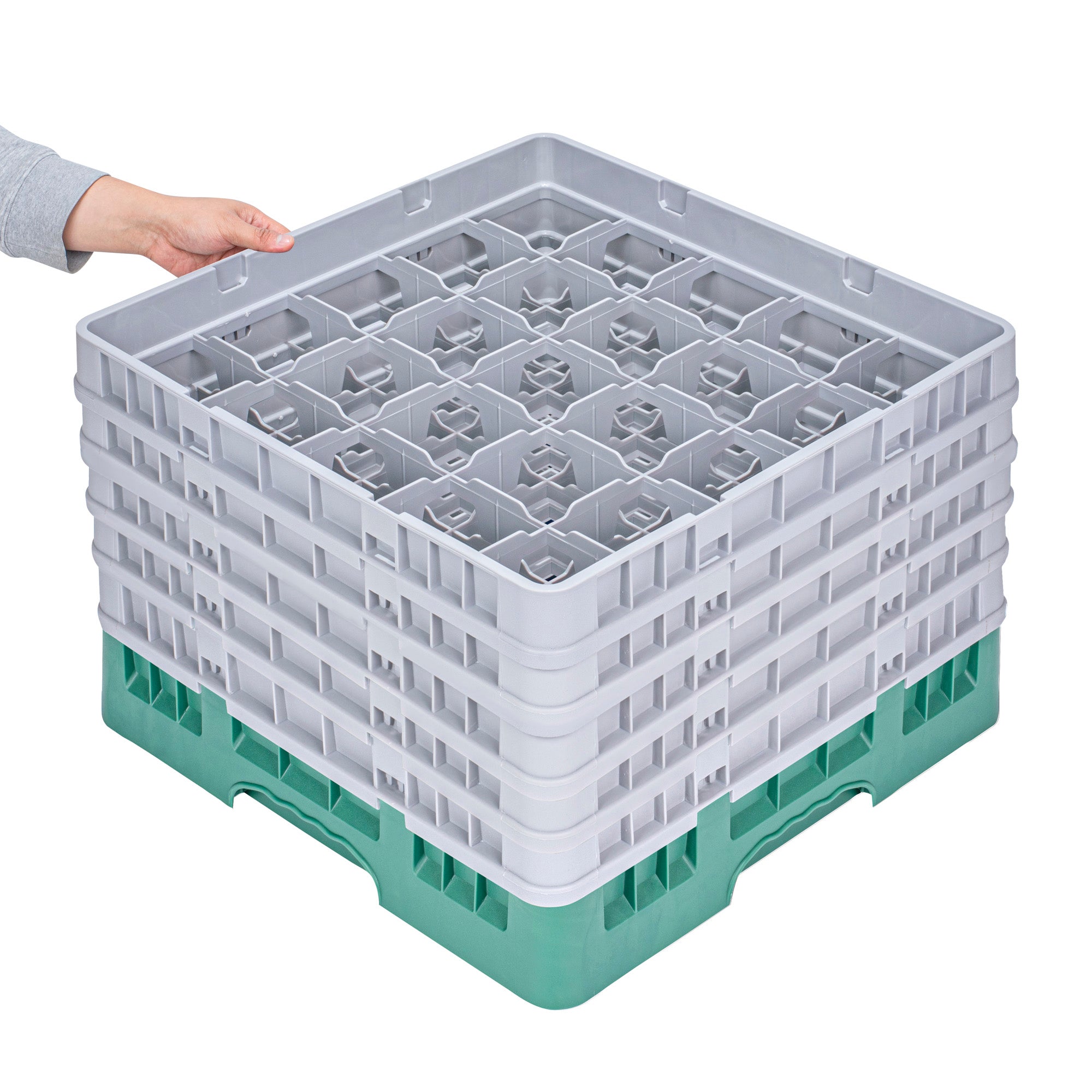 Clean Tek Professional Green Glass Rack - 25 Compartments, 1 Full Drop and 4 Half Drop Extenders - 19 3/4" x 19 3/4" x 12 1/4" - 1 count box