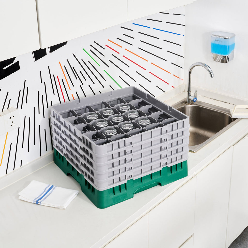 Clean Tek Professional Green Glass Rack - 25 Compartments, 1 Full Drop and 4 Half Drop Extenders - 19 3/4" x 19 3/4" x 12 1/4" - 1 count box