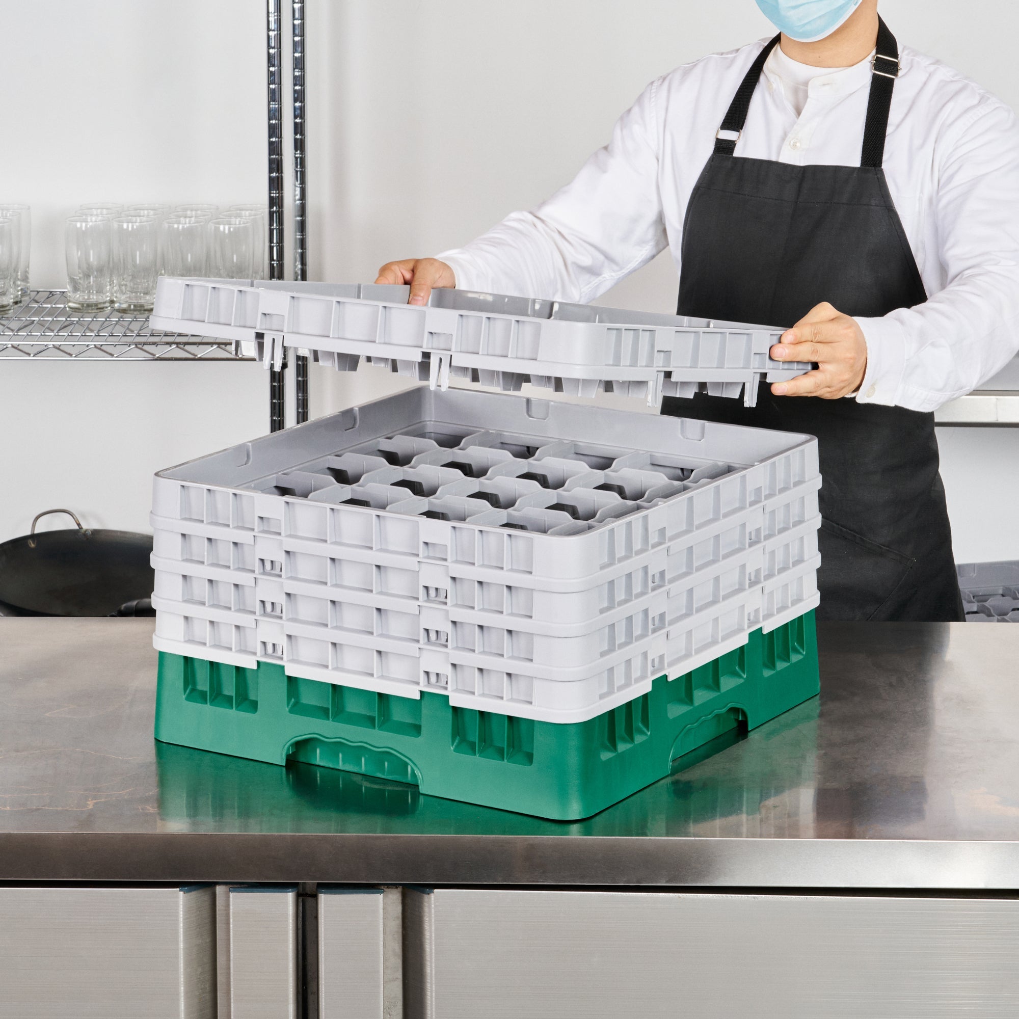 Clean Tek Professional Green Glass Rack - 25 Compartments, 1 Full Drop and 4 Half Drop Extenders - 19 3/4" x 19 3/4" x 12 1/4" - 1 count box