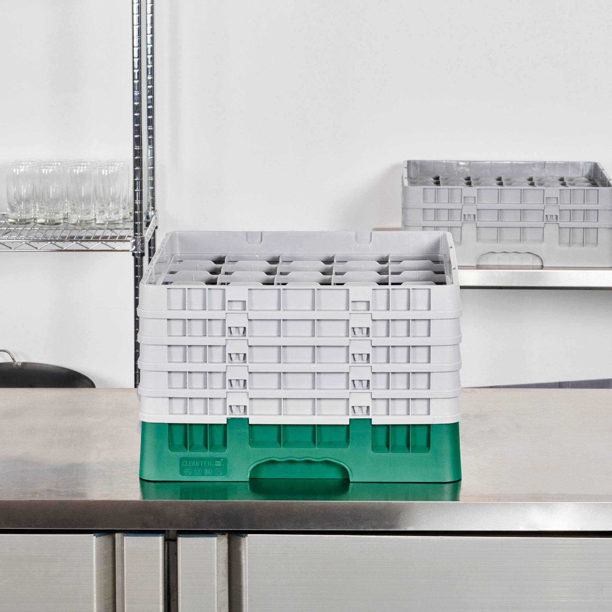 Clean Tek Professional Green Glass Rack - 25 Compartments, 1 Full Drop and 4 Half Drop Extenders - 19 3/4" x 19 3/4" x 12 1/4" - 1 count box