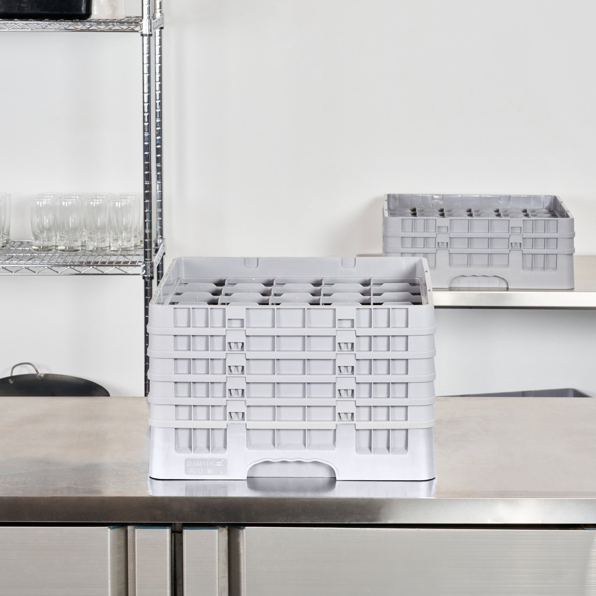 Clean Tek Professional Gray Glass Rack - 25 Compartments, 1 Full Drop and 4 Half Drop Extenders - 19 3/4" x 19 3/4" x 12 1/4" - 1 count box