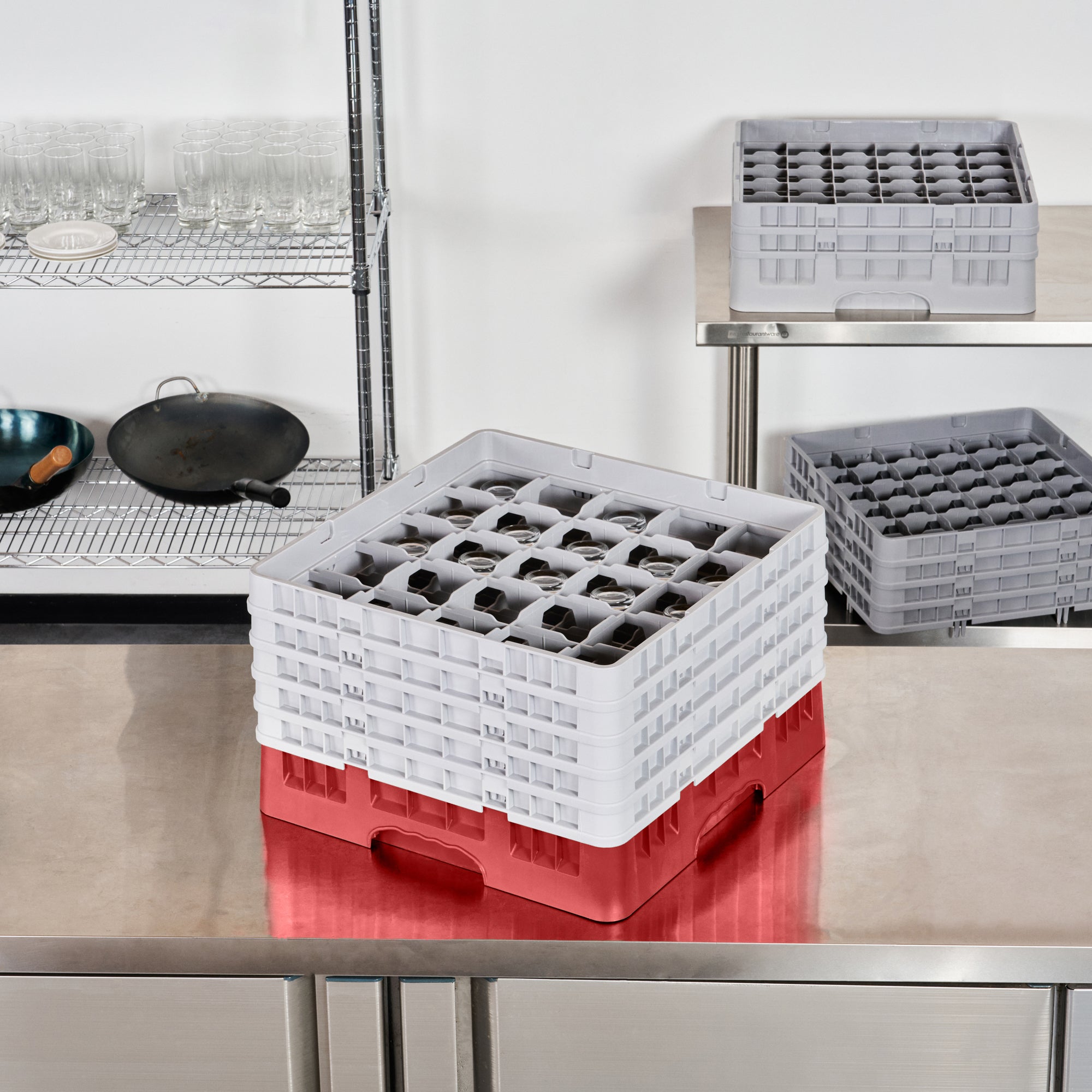 Clean Tek Professional Red Glass Rack - 25 Compartments, 1 Full Drop and 4 Half Drop Extenders - 19 3/4" x 19 3/4" x 12 1/4" - 1 count box