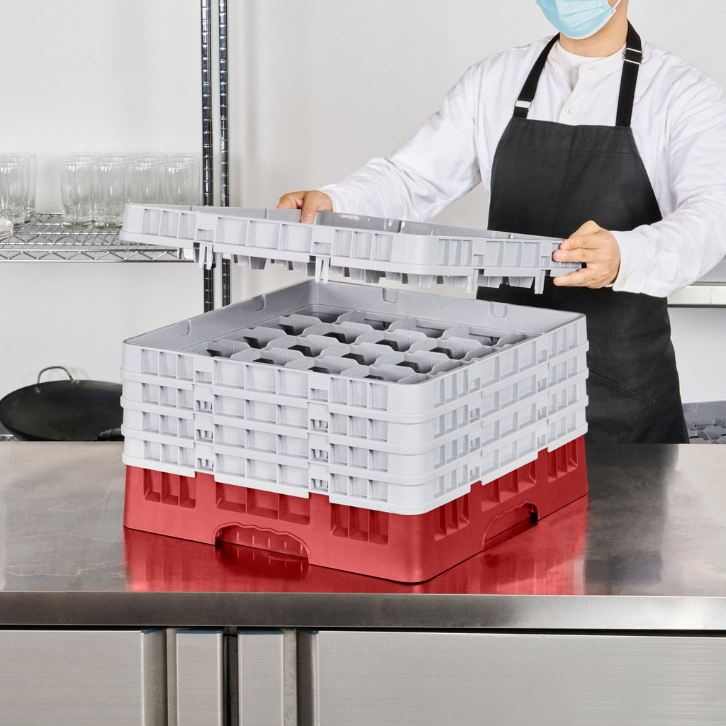 Clean Tek Professional Red Glass Rack - 25 Compartments, 1 Full Drop and 4 Half Drop Extenders - 19 3/4" x 19 3/4" x 12 1/4" - 1 count box