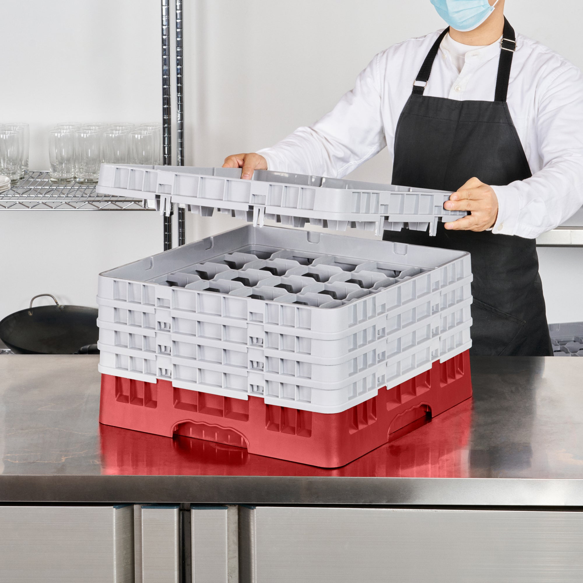 Clean Tek Professional Red Glass Rack - 25 Compartments, 1 Full Drop and 4 Half Drop Extenders - 19 3/4" x 19 3/4" x 12 1/4" - 1 count box