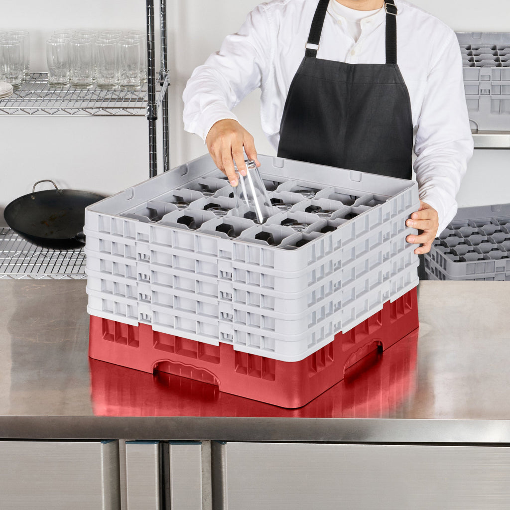 Clean Tek Professional Red Glass Rack - 25 Compartments, 1 Full Drop and 4 Half Drop Extenders - 19 3/4" x 19 3/4" x 12 1/4" - 1 count box