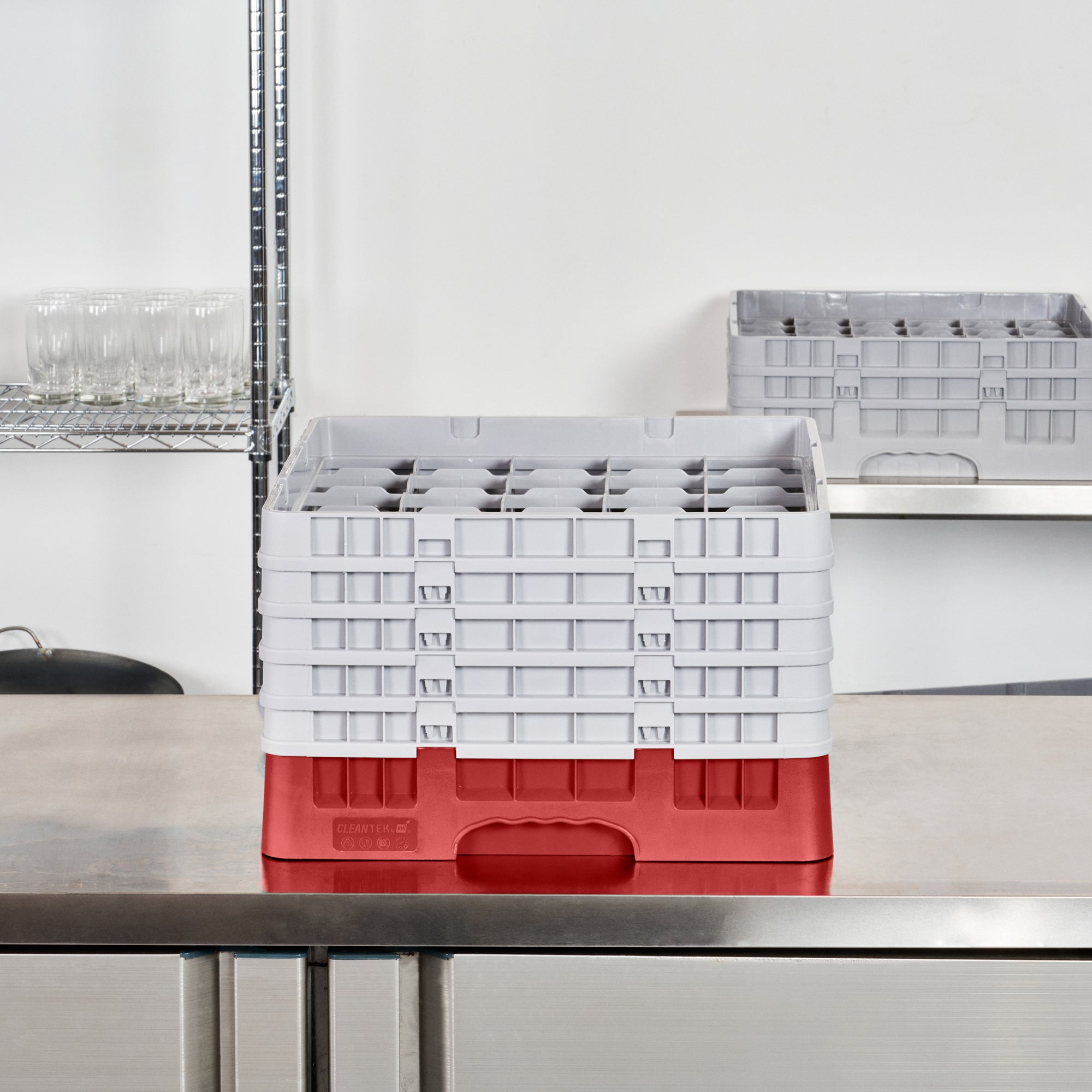 Clean Tek Professional Red Glass Rack - 25 Compartments, 1 Full Drop and 4 Half Drop Extenders - 19 3/4" x 19 3/4" x 12 1/4" - 1 count box