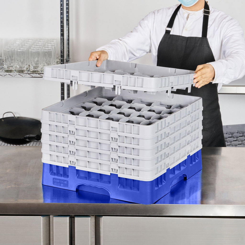 Clean Tek Professional Blue Glass Rack - 25 Compartments, 1 Full Drop and 5 Half Drop Extenders - 19 3/4" x 19 3/4" x 13 3/4" - 1 count box