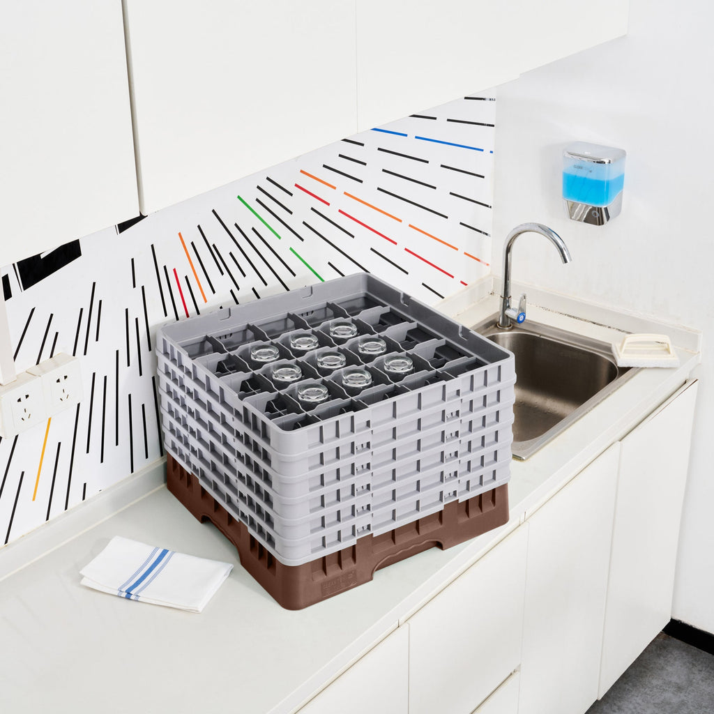 Clean Tek Professional Brown Glass Rack - 25 Compartments, 1 Full Drop and 5 Half Drop Extenders - 19 3/4" x 19 3/4" x 13 3/4" - 1 count box