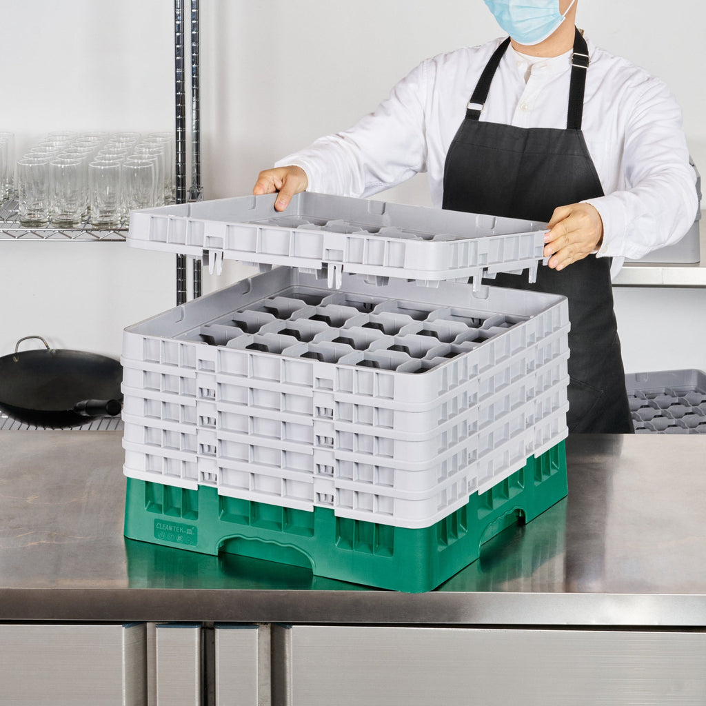 Clean Tek Professional Green Glass Rack - 25 Compartments, 1 Full Drop and 5 Half Drop Extenders - 19 3/4" x 19 3/4" x 13 3/4" - 1 count box