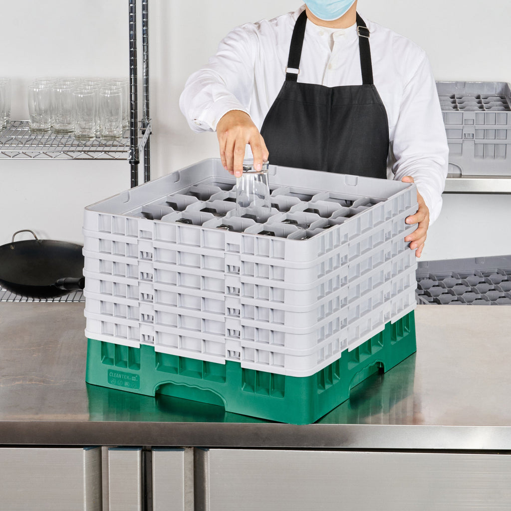 Clean Tek Professional Green Glass Rack - 25 Compartments, 1 Full Drop and 5 Half Drop Extenders - 19 3/4" x 19 3/4" x 13 3/4" - 1 count box