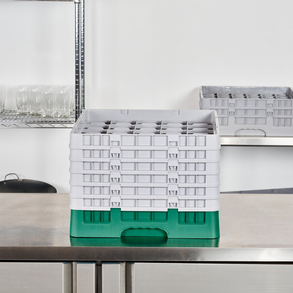 Clean Tek Professional Green Glass Rack - 25 Compartments, 1 Full Drop and 5 Half Drop Extenders - 19 3/4" x 19 3/4" x 13 3/4" - 1 count box