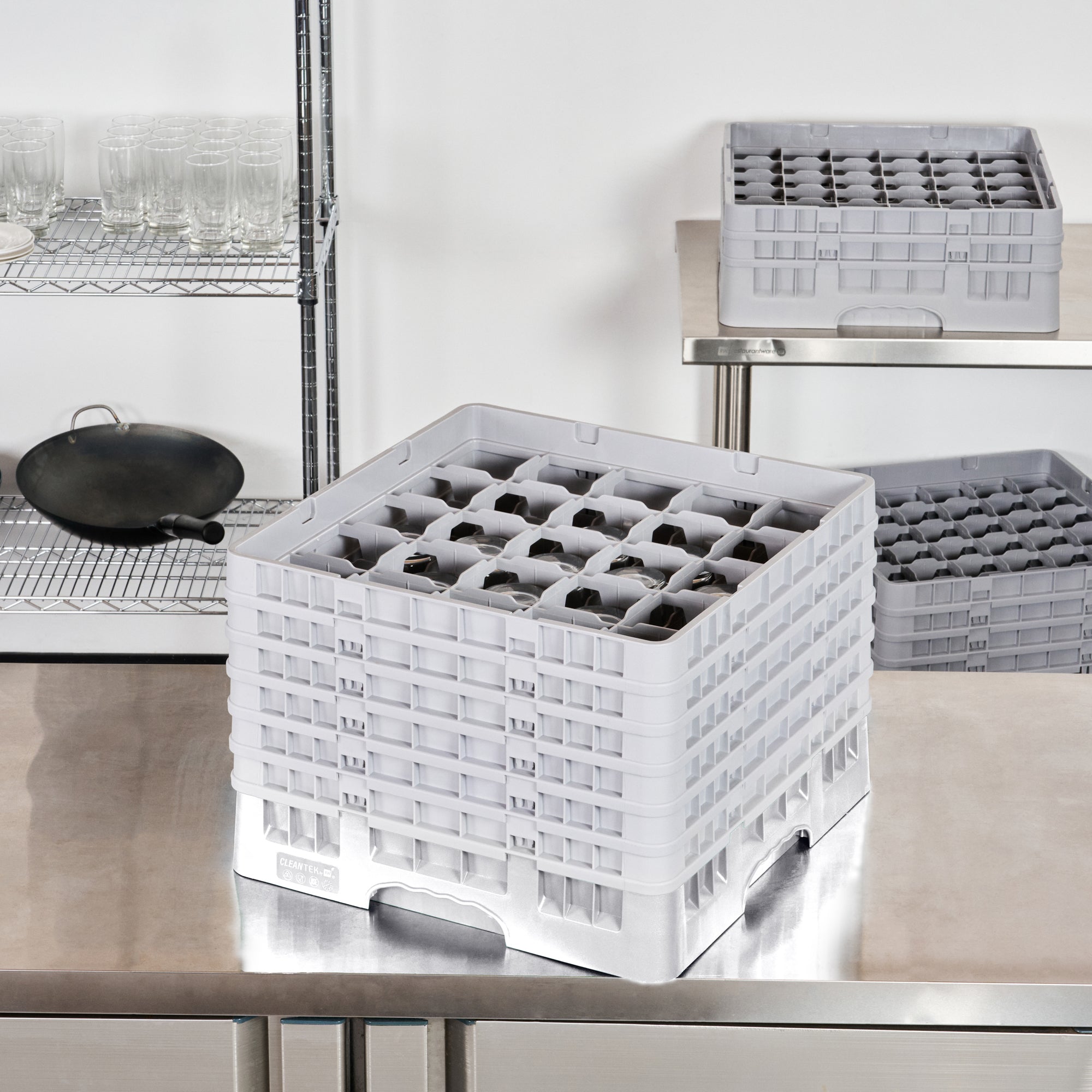 Clean Tek Professional Gray Glass Rack - 25 Compartments, 1 Full Drop and 5 Half Drop Extenders - 19 3/4" x 19 3/4" x 13 3/4" - 1 count box