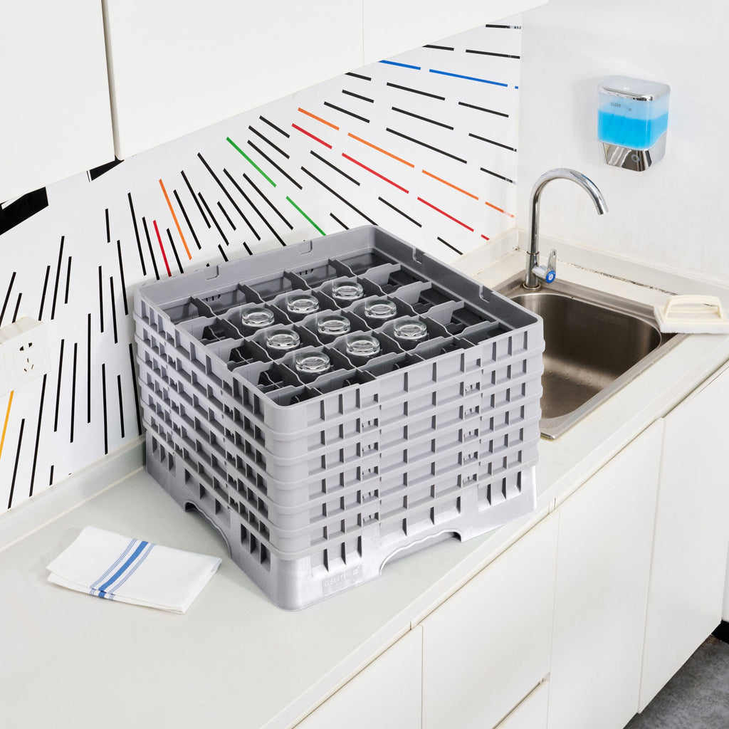 Clean Tek Professional Gray Glass Rack - 25 Compartments, 1 Full Drop and 5 Half Drop Extenders - 19 3/4" x 19 3/4" x 13 3/4" - 1 count box