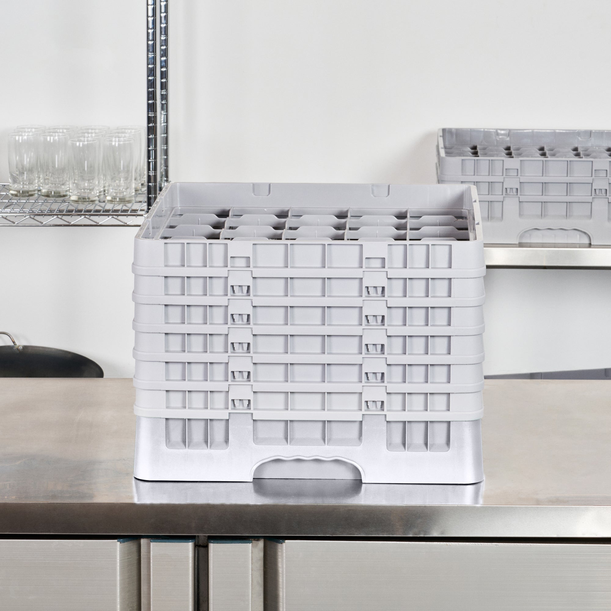 Clean Tek Professional Gray Glass Rack - 25 Compartments, 1 Full Drop and 5 Half Drop Extenders - 19 3/4" x 19 3/4" x 13 3/4" - 1 count box