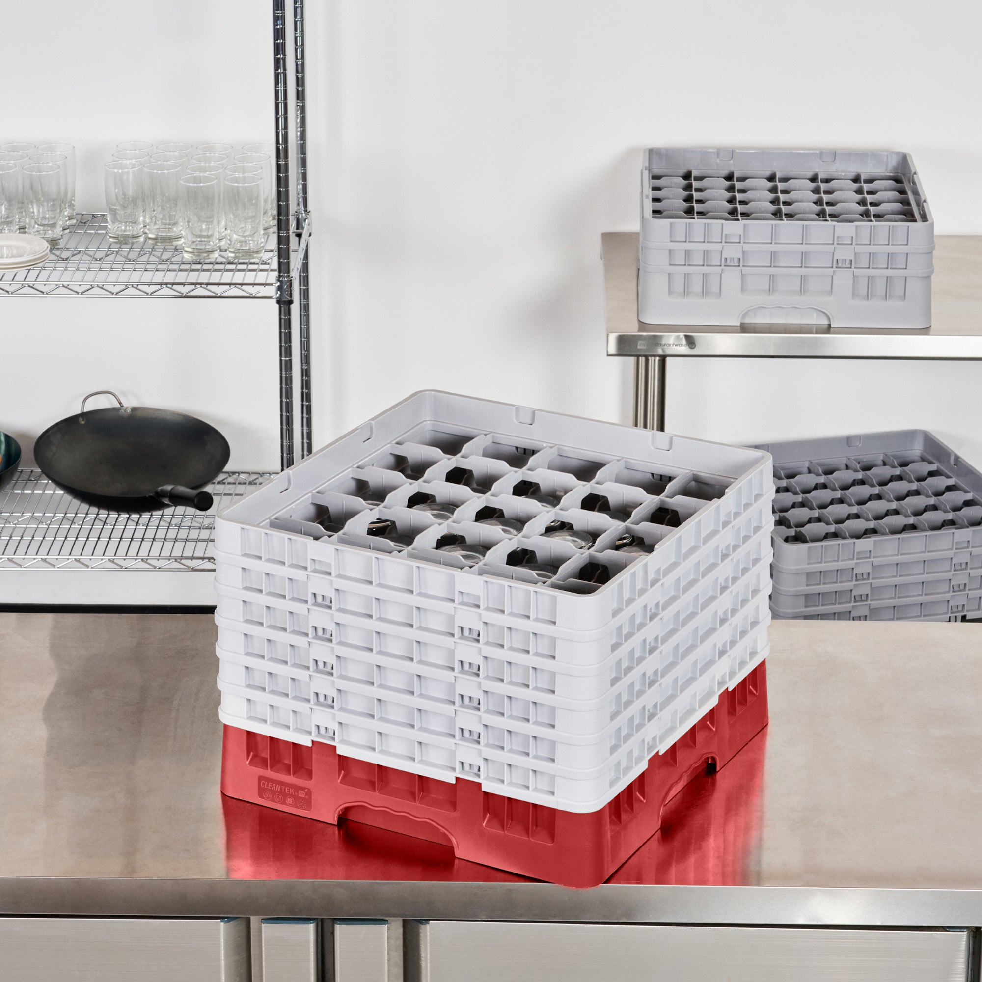 Clean Tek Professional Red Glass Rack - 25 Compartments, 1 Full Drop and 5 Half Drop Extenders - 19 3/4" x 19 3/4" x 13 3/4" - 1 count box