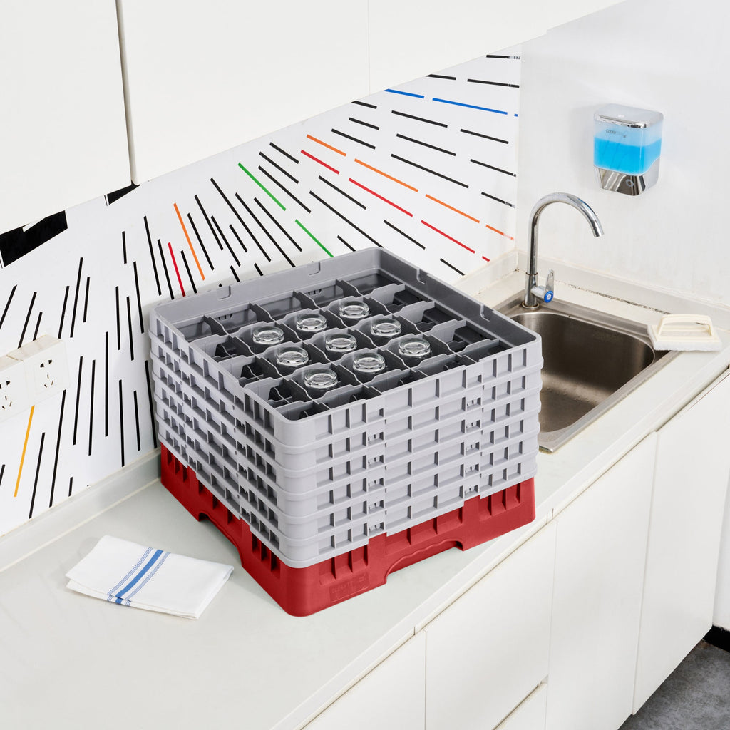 Clean Tek Professional Red Glass Rack - 25 Compartments, 1 Full Drop and 5 Half Drop Extenders - 19 3/4" x 19 3/4" x 13 3/4" - 1 count box
