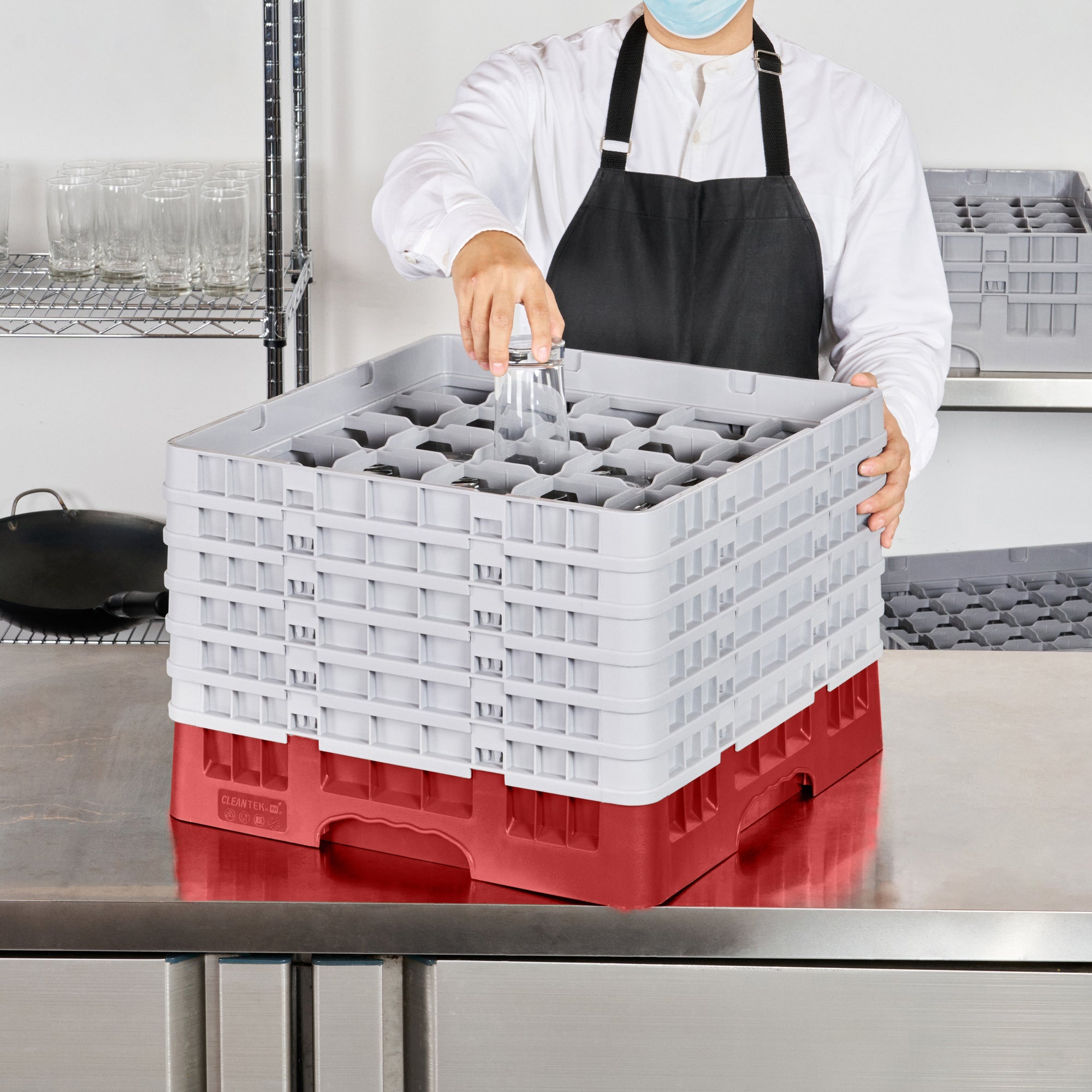 Clean Tek Professional Red Glass Rack - 25 Compartments, 1 Full Drop and 5 Half Drop Extenders - 19 3/4" x 19 3/4" x 13 3/4" - 1 count box