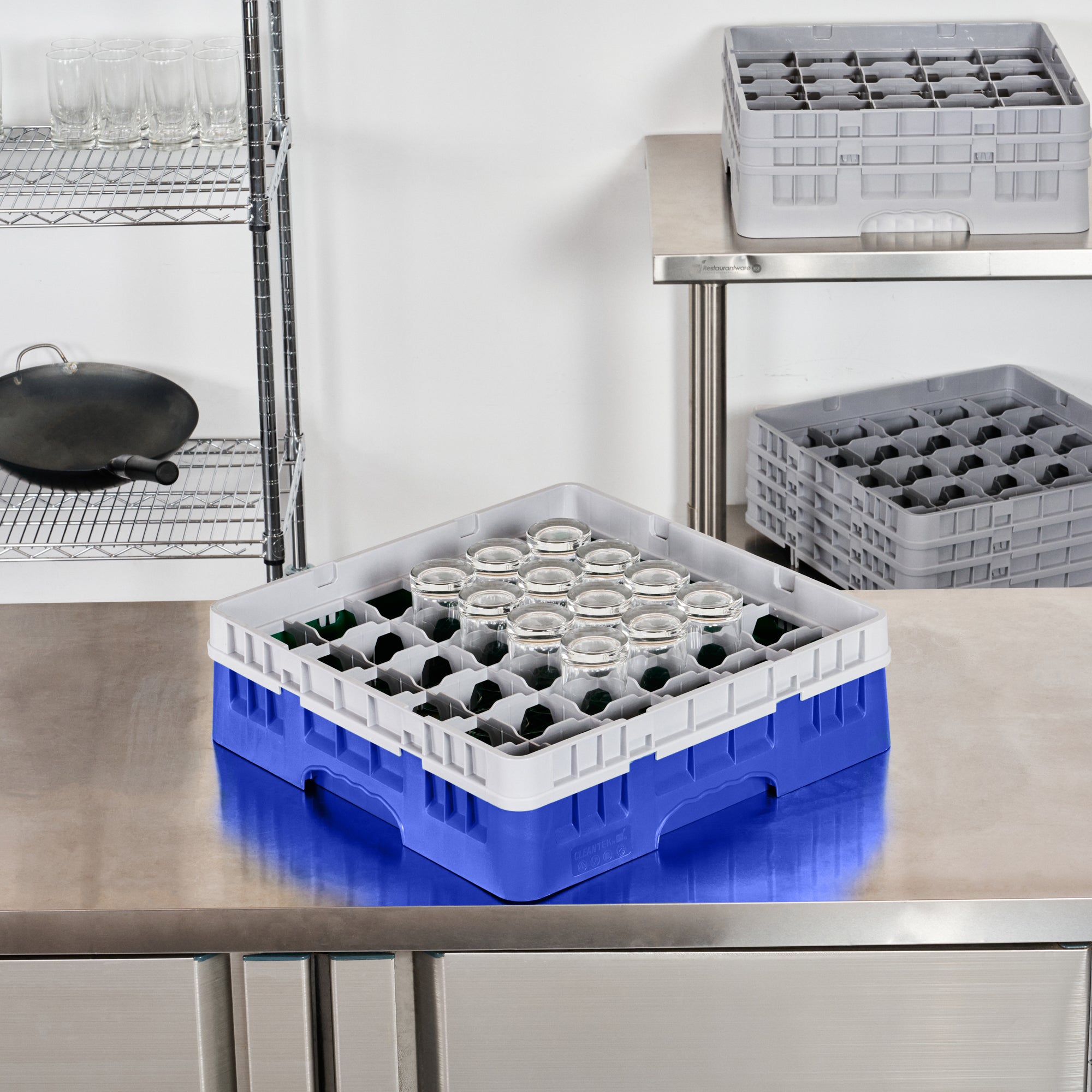 Clean Tek Professional Blue Glass Rack - 36 Compartments, 1 Full Drop Extender - 19 3/4" x 19 3/4" x 5 3/4" - 1 count box