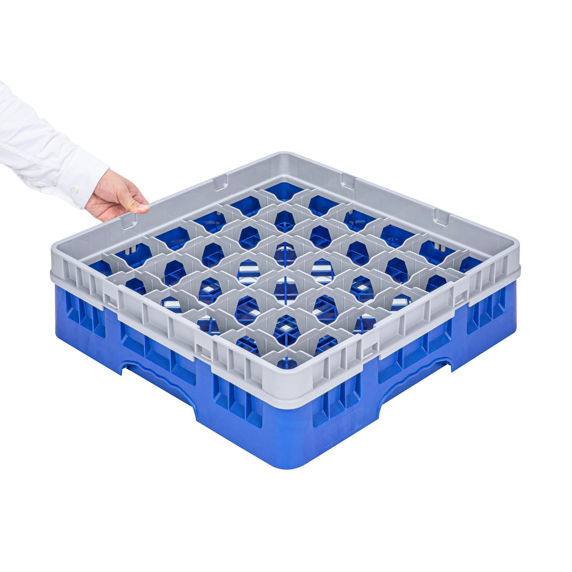 Clean Tek Professional Blue Glass Rack - 36 Compartments, 1 Full Drop Extender - 19 3/4" x 19 3/4" x 5 3/4" - 1 count box