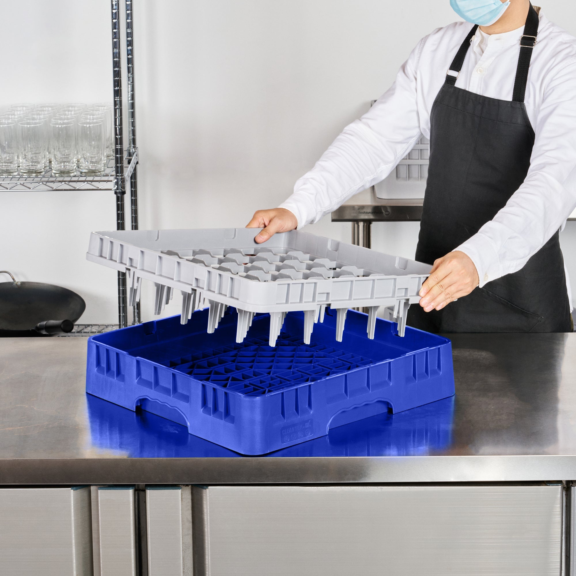Clean Tek Professional Blue Glass Rack - 36 Compartments, 1 Full Drop Extender - 19 3/4" x 19 3/4" x 5 3/4" - 1 count box