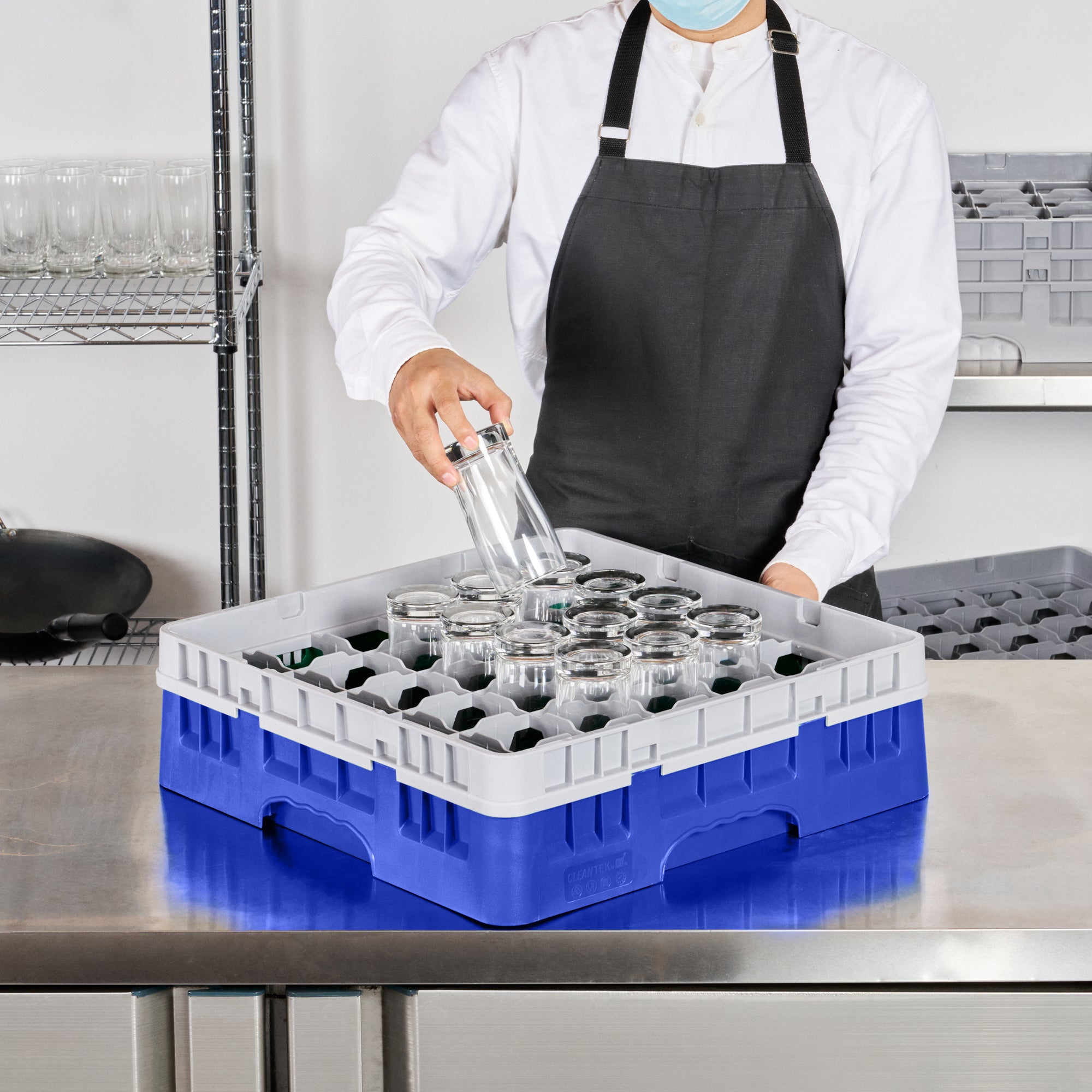 Clean Tek Professional Blue Glass Rack - 36 Compartments, 1 Full Drop Extender - 19 3/4" x 19 3/4" x 5 3/4" - 1 count box