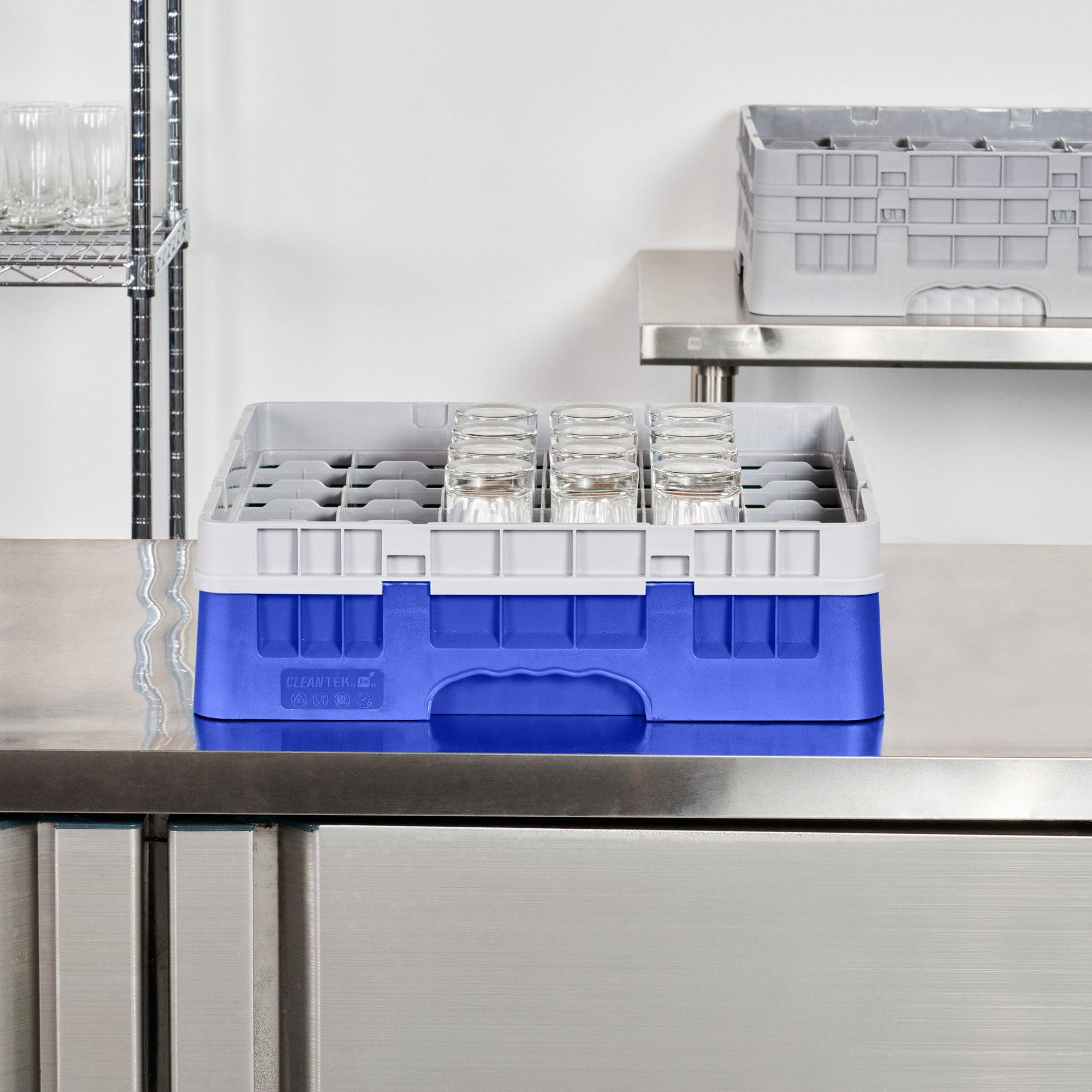 Clean Tek Professional Blue Glass Rack - 36 Compartments, 1 Full Drop Extender - 19 3/4" x 19 3/4" x 5 3/4" - 1 count box