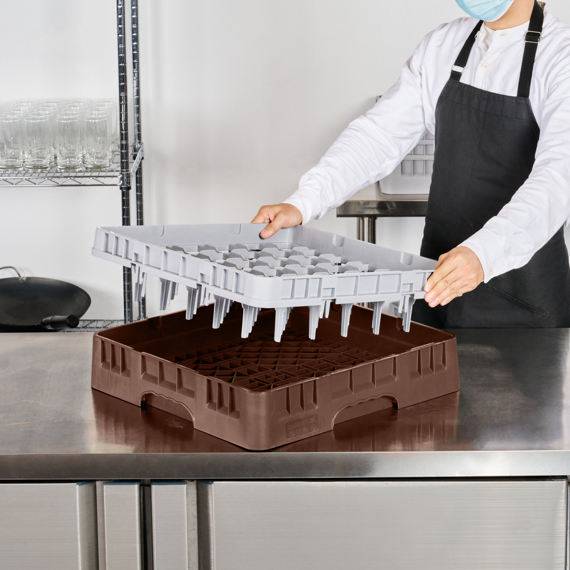 Clean Tek Professional Brown Glass Rack - 36 Compartments, 1 Full Drop Extender - 19 3/4" x 19 3/4" x 5 3/4" - 1 count box
