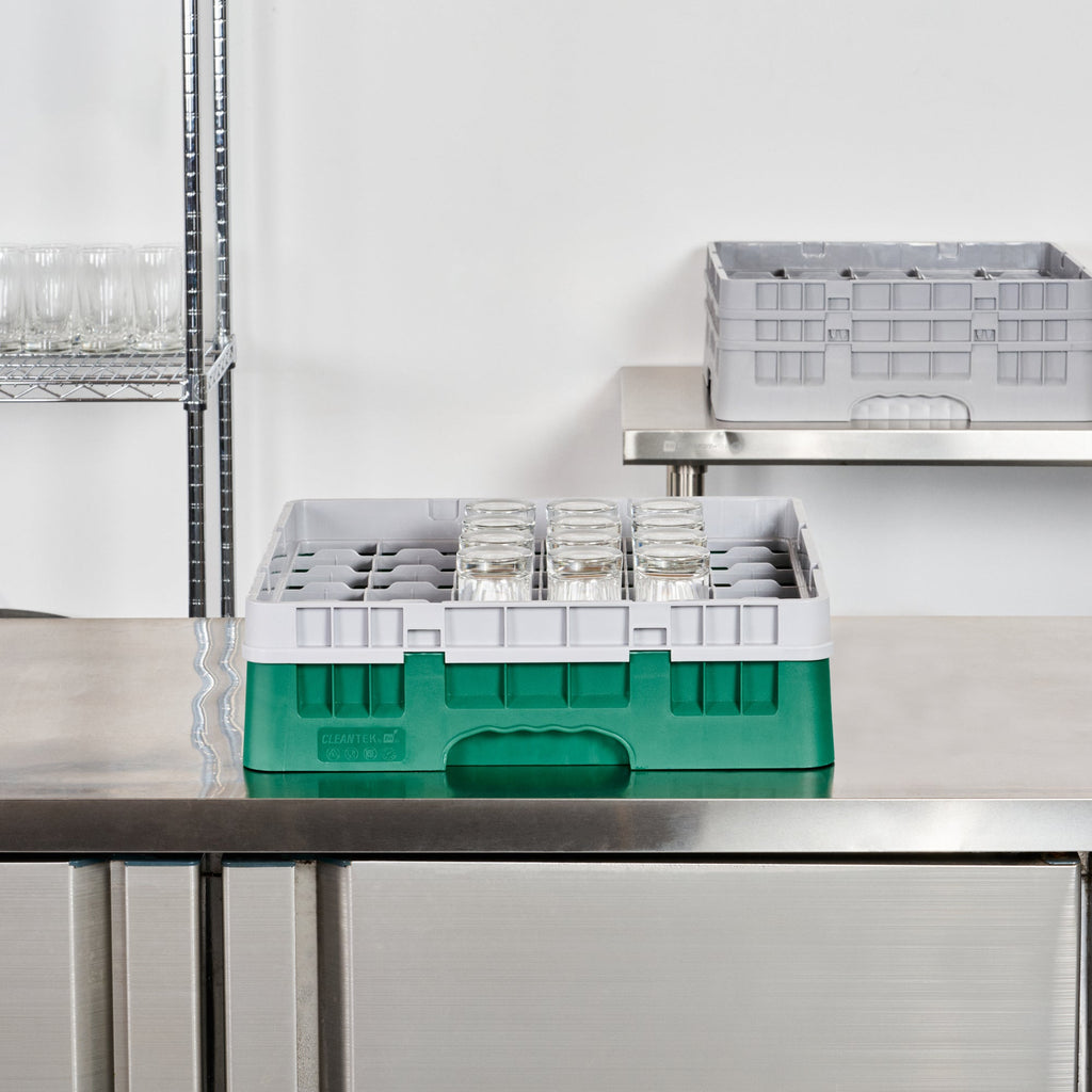 Clean Tek Professional Green Glass Rack - 36 Compartments, 1 Full Drop Extender - 19 3/4" x 19 3/4" x 5 3/4" - 1 count box