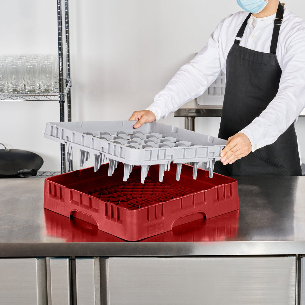 Clean Tek Professional Red Glass Rack - 36 Compartments, 1 Full Drop Extender - 19 3/4" x 19 3/4" x 5 3/4" - 1 count box