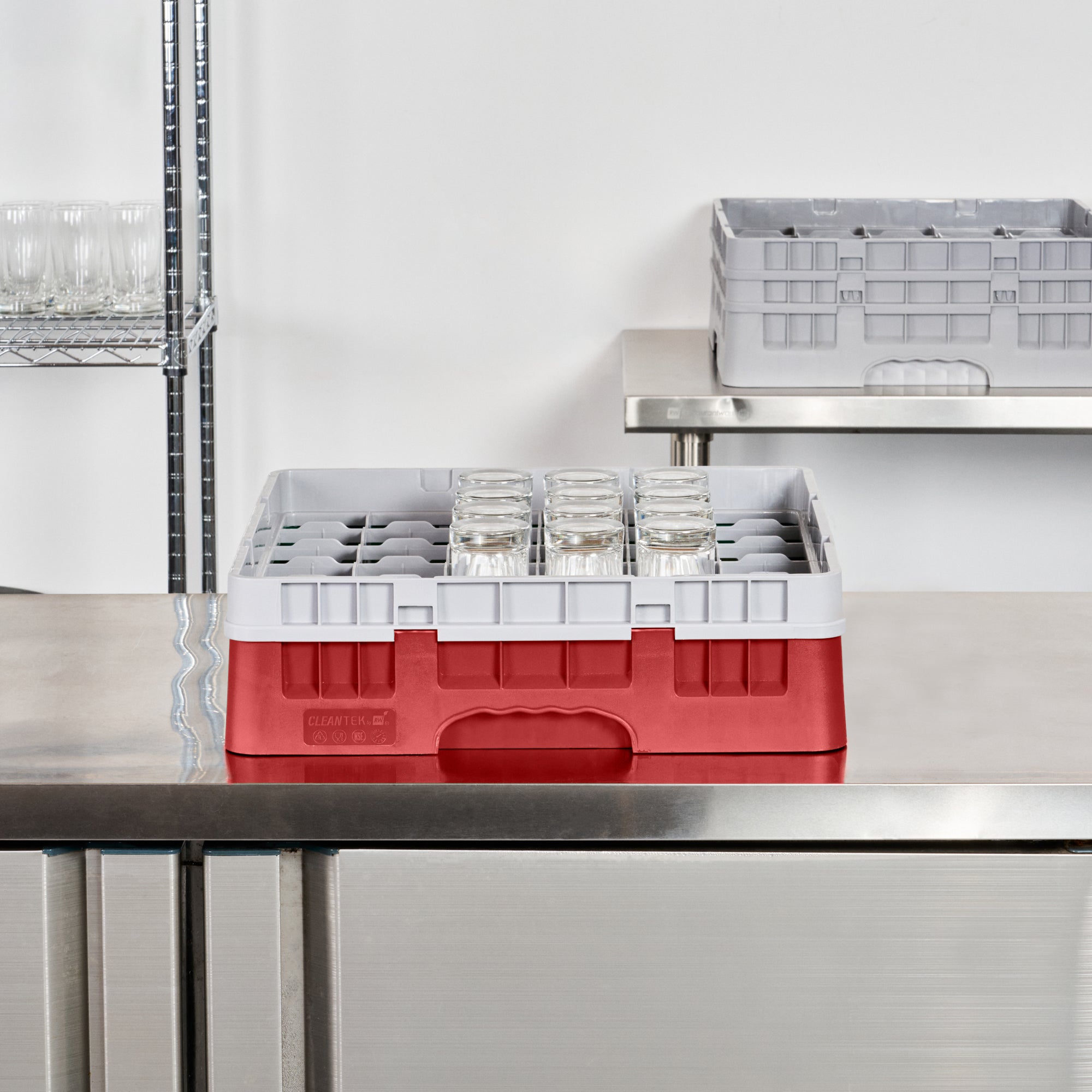 Clean Tek Professional Red Glass Rack - 36 Compartments, 1 Full Drop Extender - 19 3/4" x 19 3/4" x 5 3/4" - 1 count box