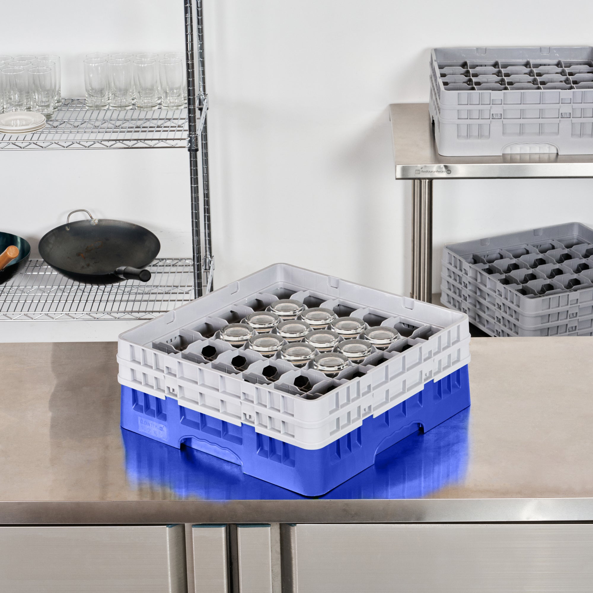 Clean Tek Professional Blue Glass Rack - 36 Compartments, 1 Full Drop and 1 Half Drop Extender - 19 3/4" x 19 3/4" x 7 1/4" - 1 count box